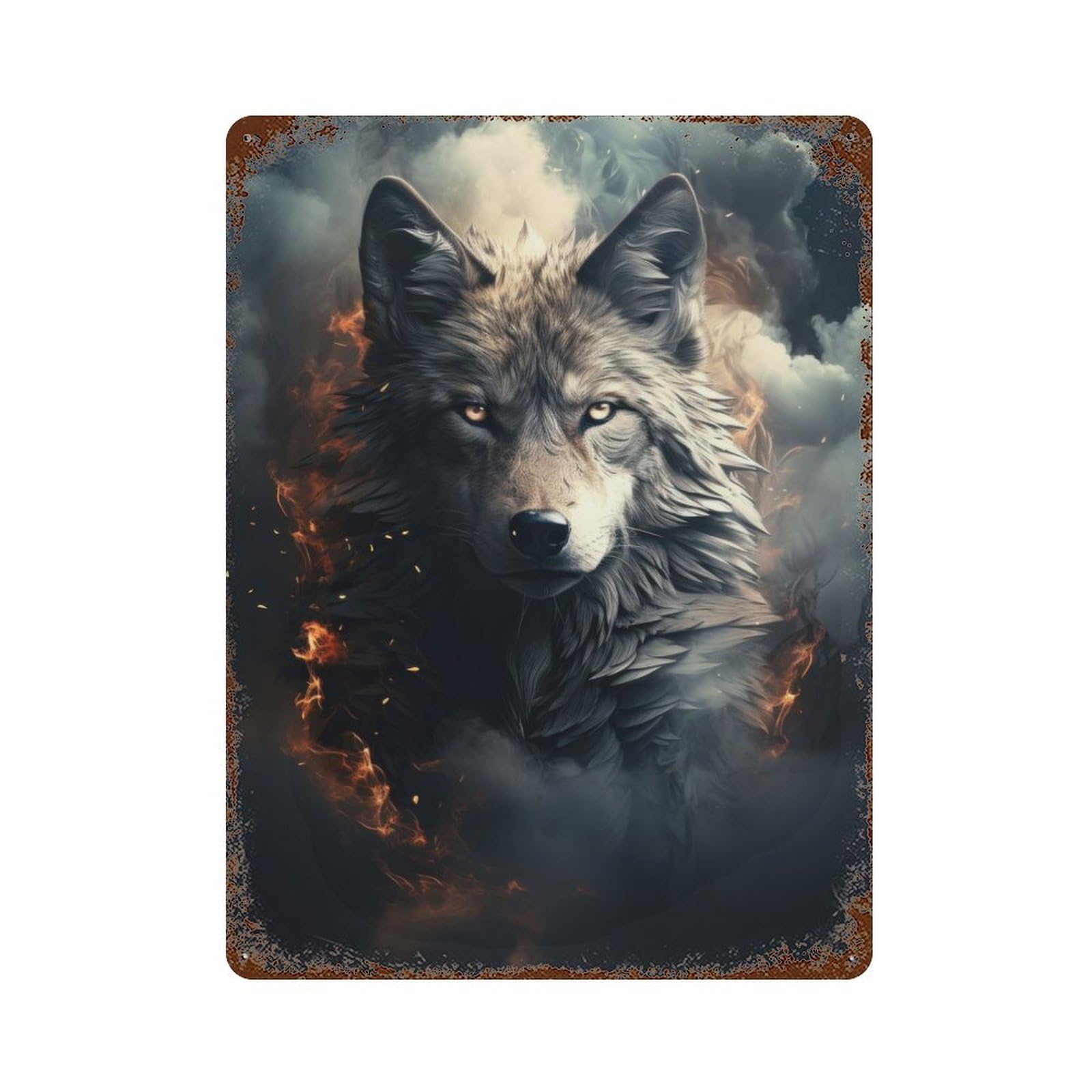 Wolf on Dark Vintage Wall Sign 15.7"x11.8", Rust Effect Metal Decor for Basement, Hobby Room And Garage Decor