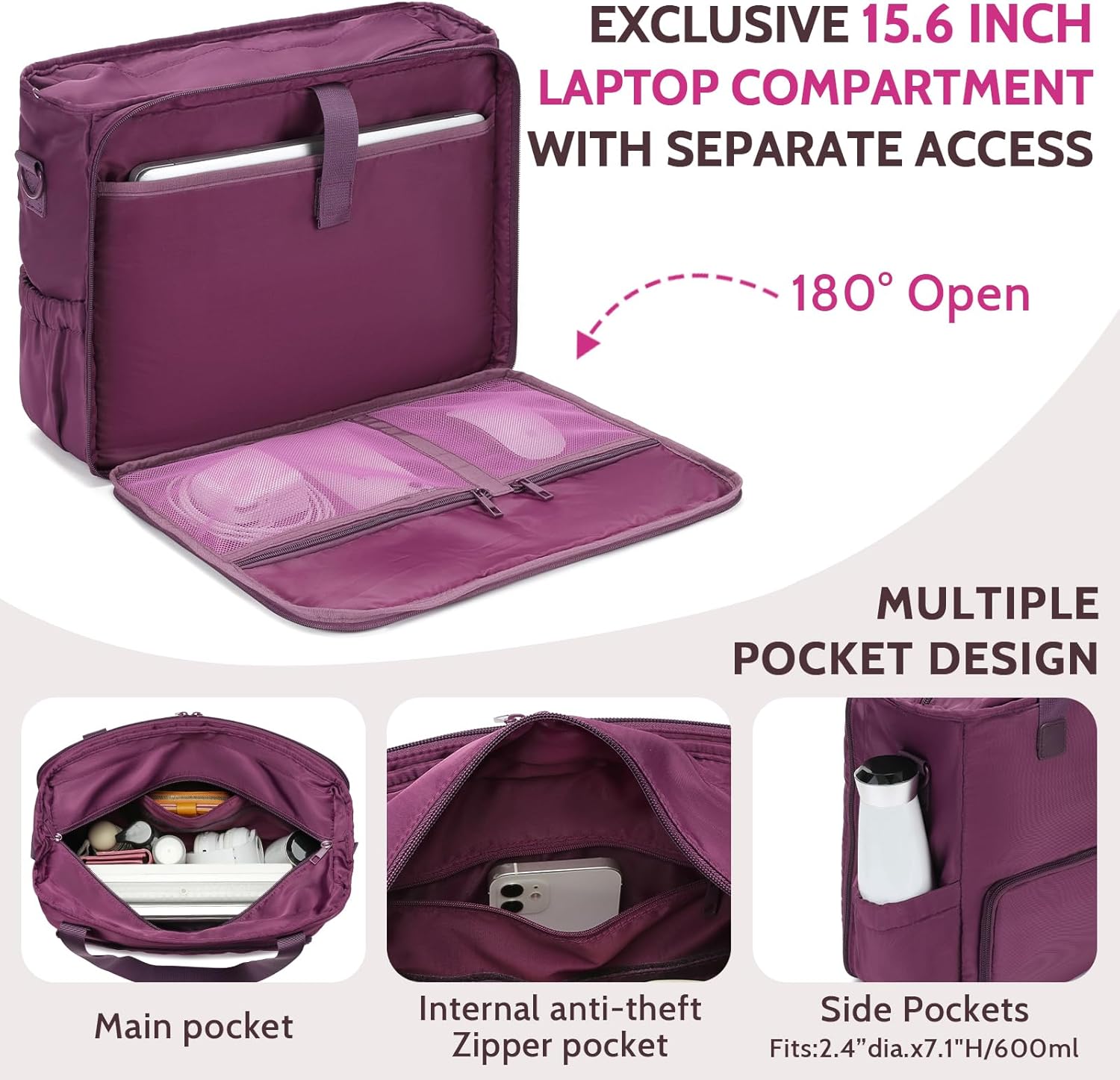 Lunch Tote Bag for Women with 15.6" Laptop Compartment, Work Tote Bag with Insulated Lunch Compartment, Large Casual Canvas Handbag Luncg Bags for Nurse, Teacher, Office, Travel, Beach, Purple
