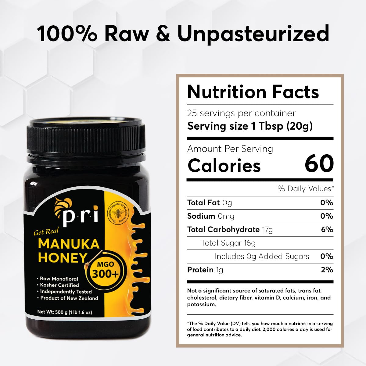 P.R.I Manuka Honey MGO 300+, Elevated‑Potency Monofloral New Zealand Honey, Cool‑Processed & 100% Traceable (500g/1.1lb)