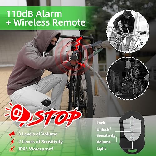 Miniatura 2 de Cerradura de cadena de bicicleta de 110 dB con alarma, cerradura de bicicleta de 4 pies con alarma antirrobo, resistente antirrobo, cerradura de