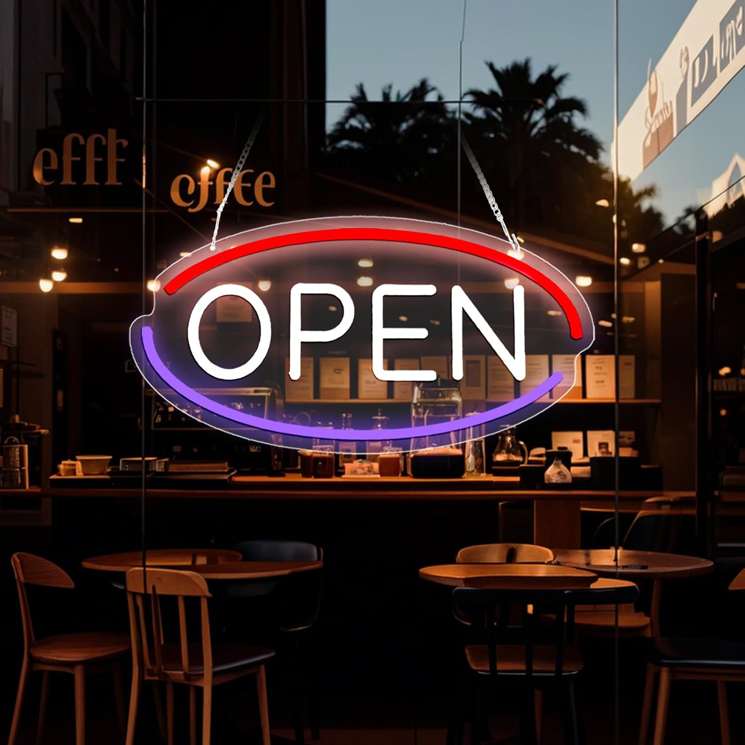 Open Sign for Business LED Neon Light – 16x8 Inch Ultra Bright Acrylic Wall Sign with White Letters, Blue Red Trim, Plug-In with Adapter for Store Window Bar Shop Cafe