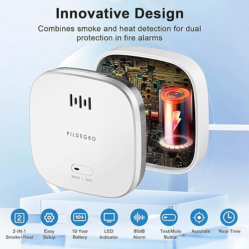 Miniatura 2 de Detector de humo con batería de 10 años, detector de humo de alarma de incendios pequeña mejorada con monitor de calor para doble protección,