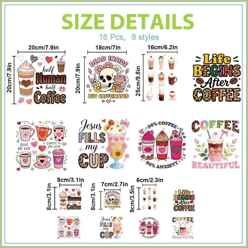 SUPERDANT 16 Pcs DTF Transfers Ready to Press Coffee Iron On Transfers with Variable Sizes from 2.36x3.15 Inch/6x8cm to 7.87x9.84 Inch/20x25cm for Custom T-Shirts and Hoodies Colorful image 2