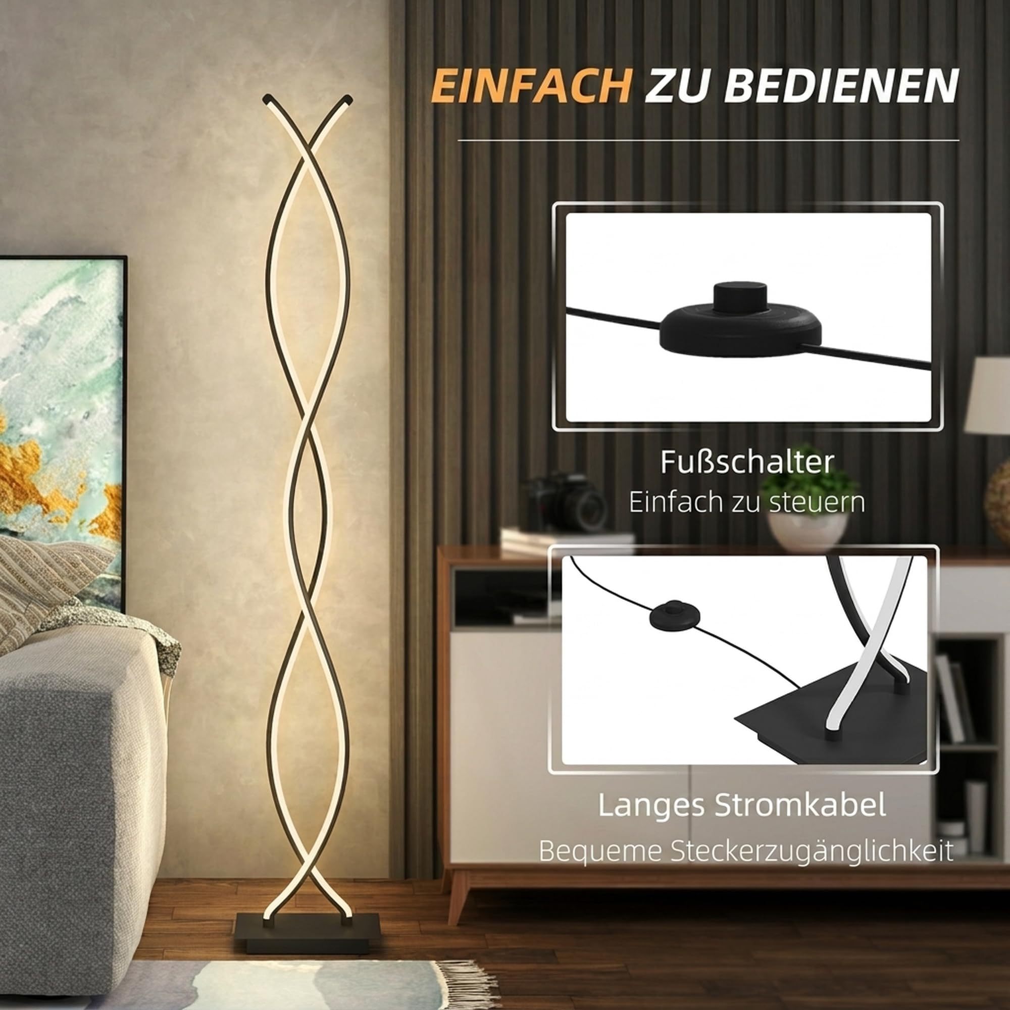 HOMCOM LED Stehlampe Dimmbar 144 cm Stehleuchte mit Fußschalter Schwarz