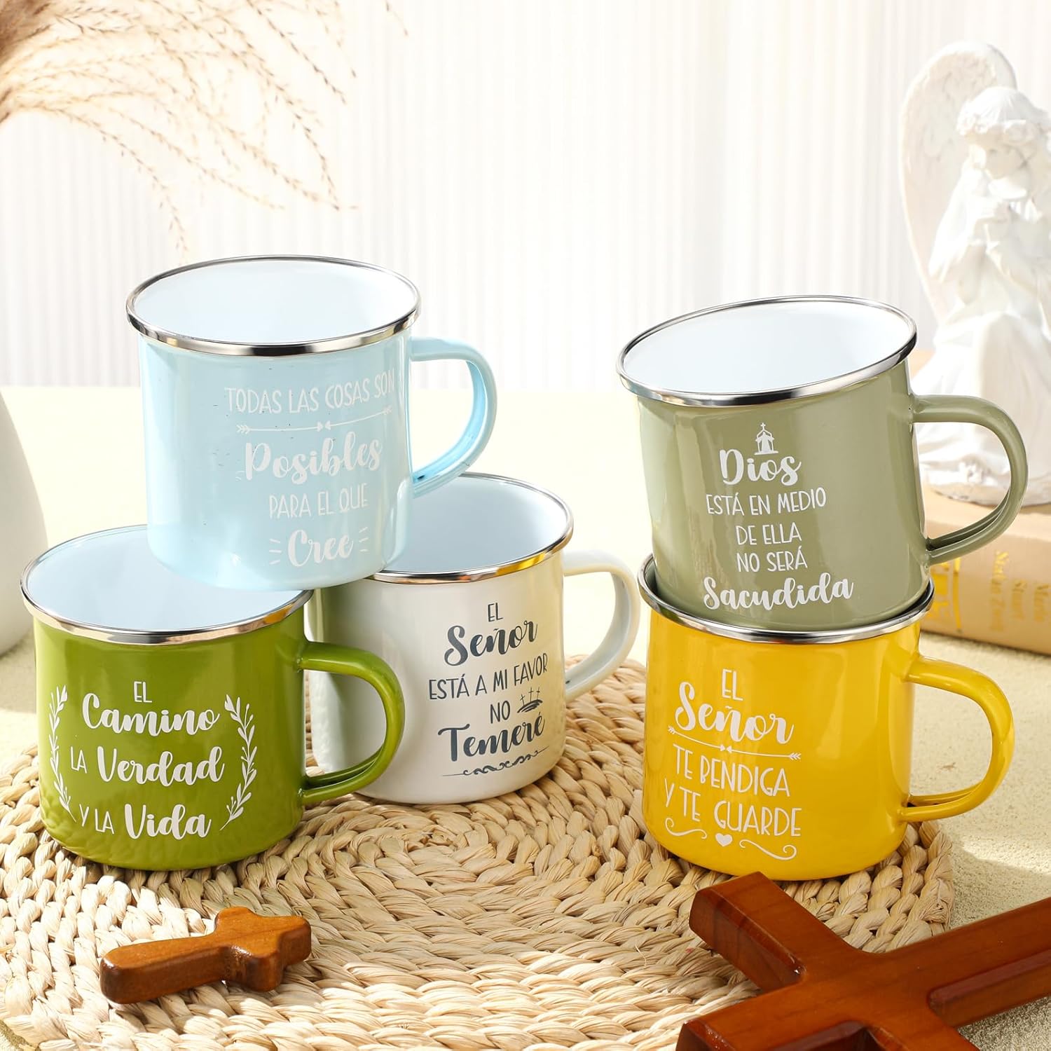 Nitial 10 Pcs 12 oz Christian Coffee Mugs Enamel Mugs Gifts Bulk with Handle Mothers Day Religious Bible Verse Inspirational Bible Affirmations Cup for Church Teacher Coworker Employee(Español Style)