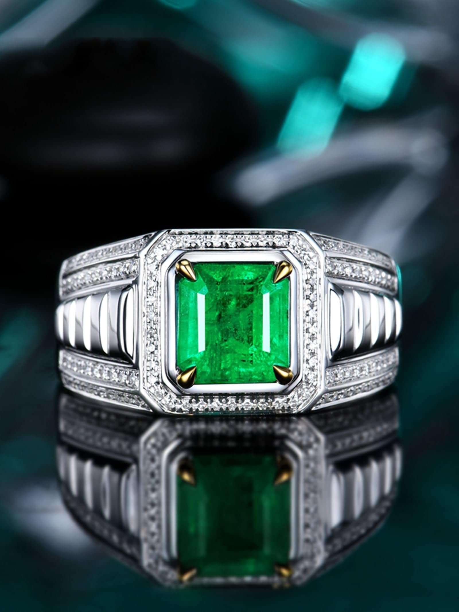 Pierścionki Fedina 9Kt / 14Kt / 18 Kt Białe Złoto Mężczyźni, 4 szczęki 1,5 ct Szmaragd Kwadratowy Diament, Pierścionek Ślubny Męski Zielony Srebrny