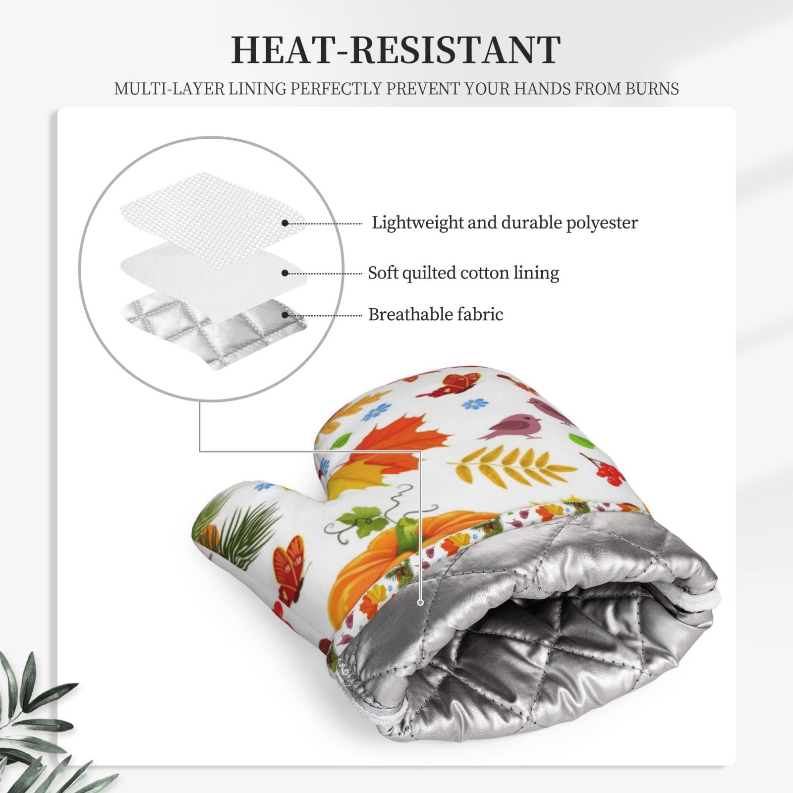 Set di quattro guanti resistenti al calore e presine, guanti da forno antiscivolo, guanti da cucina, zucche autunnali, foglie d'acero per il Ringraziamento.