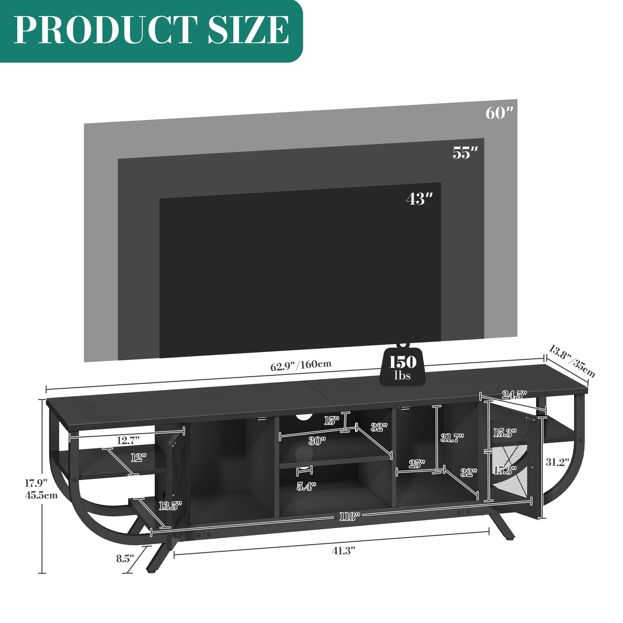 YITAHOME Industrial Mueble de TV, Mesa de TV de hasta 65 Pulgadas, 160 cm Mueble TV Salon con LED, Estantes Abiertos Centro de Entretenimiento Alto para Salón, Dormitorio, Negro