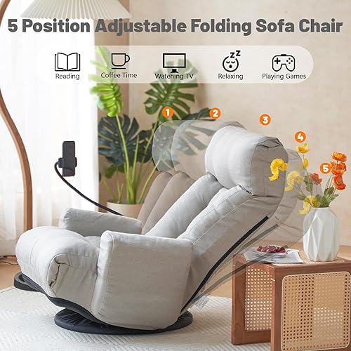Miniatura 4 de Silla giratoria de 360 para juegos, sofá plegable ajustable de 5 posiciones con reposabrazos y soporte para teléfono, cojín acolchado para