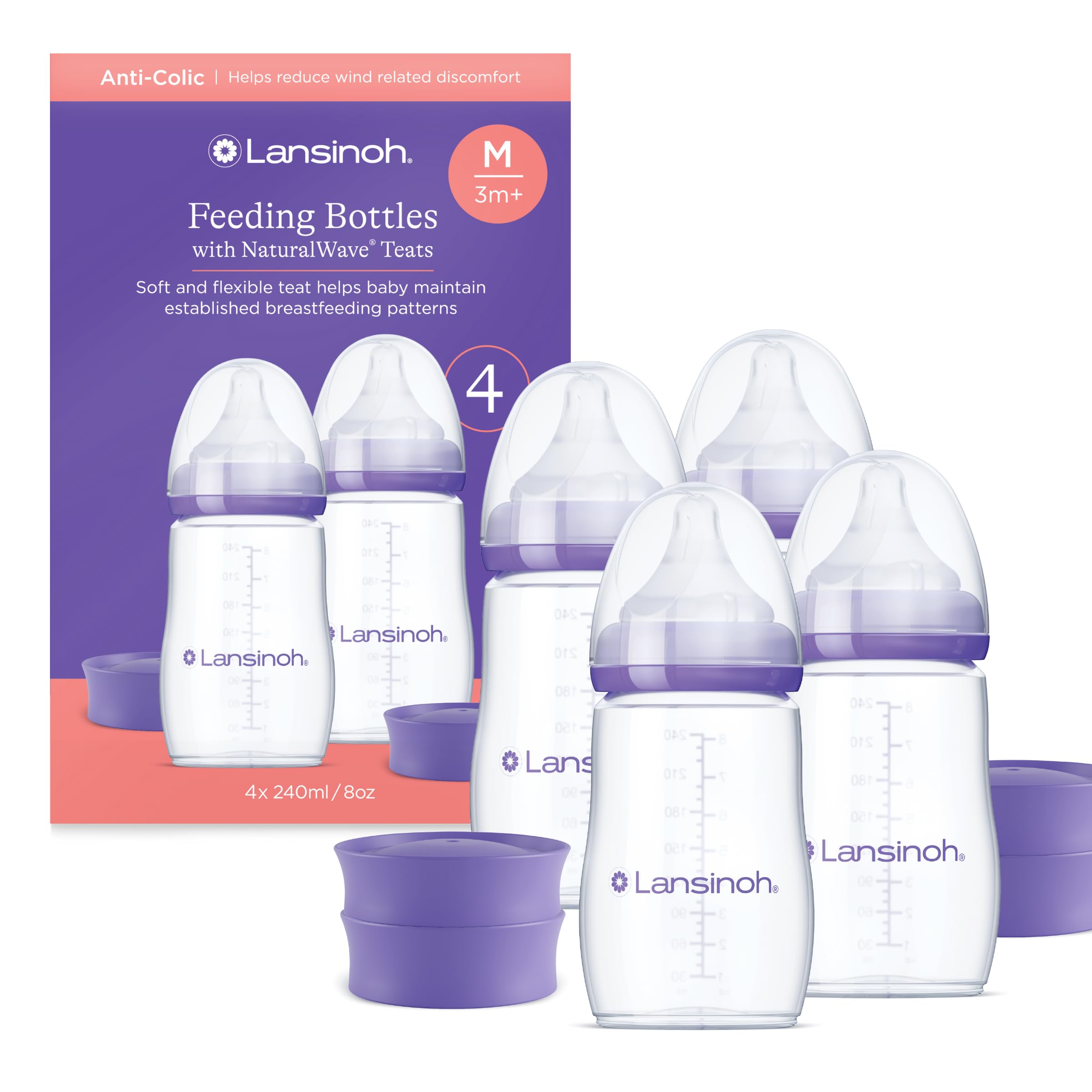 Lansinoh Biberon Anticolica con Tettarella NaturalWave a Flusso Medio - Senza BPA e BPS - 240 ml