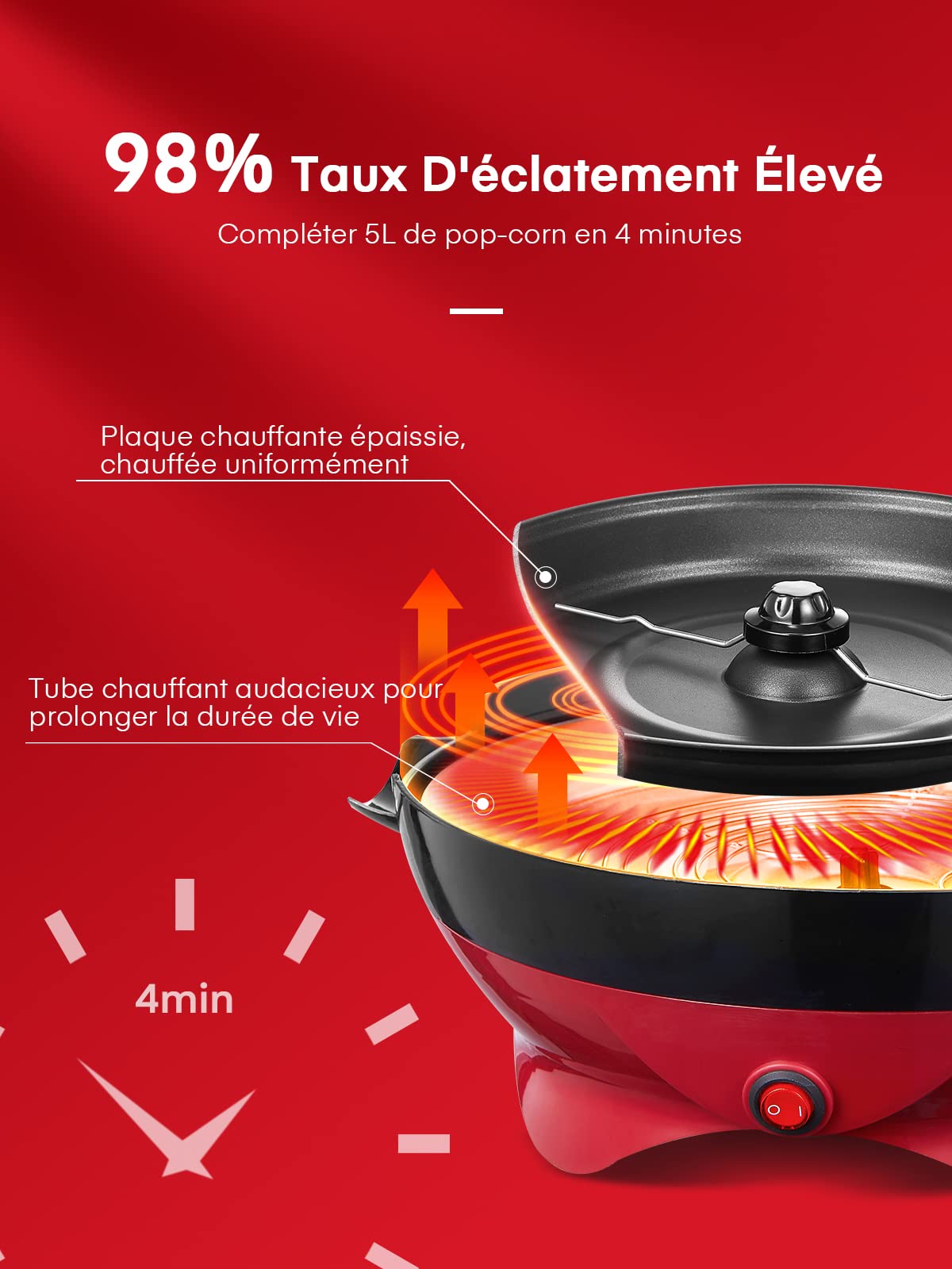 FOHERE Machine a Pop Corn, 5,5 L Machine à Pop Corn, Plateau Amovible, Revêtement Antiadhésif, Silencieux et Rapide, Couvercle Transparent Pouvant être Utilisé Comme Récipient (Rouge)
