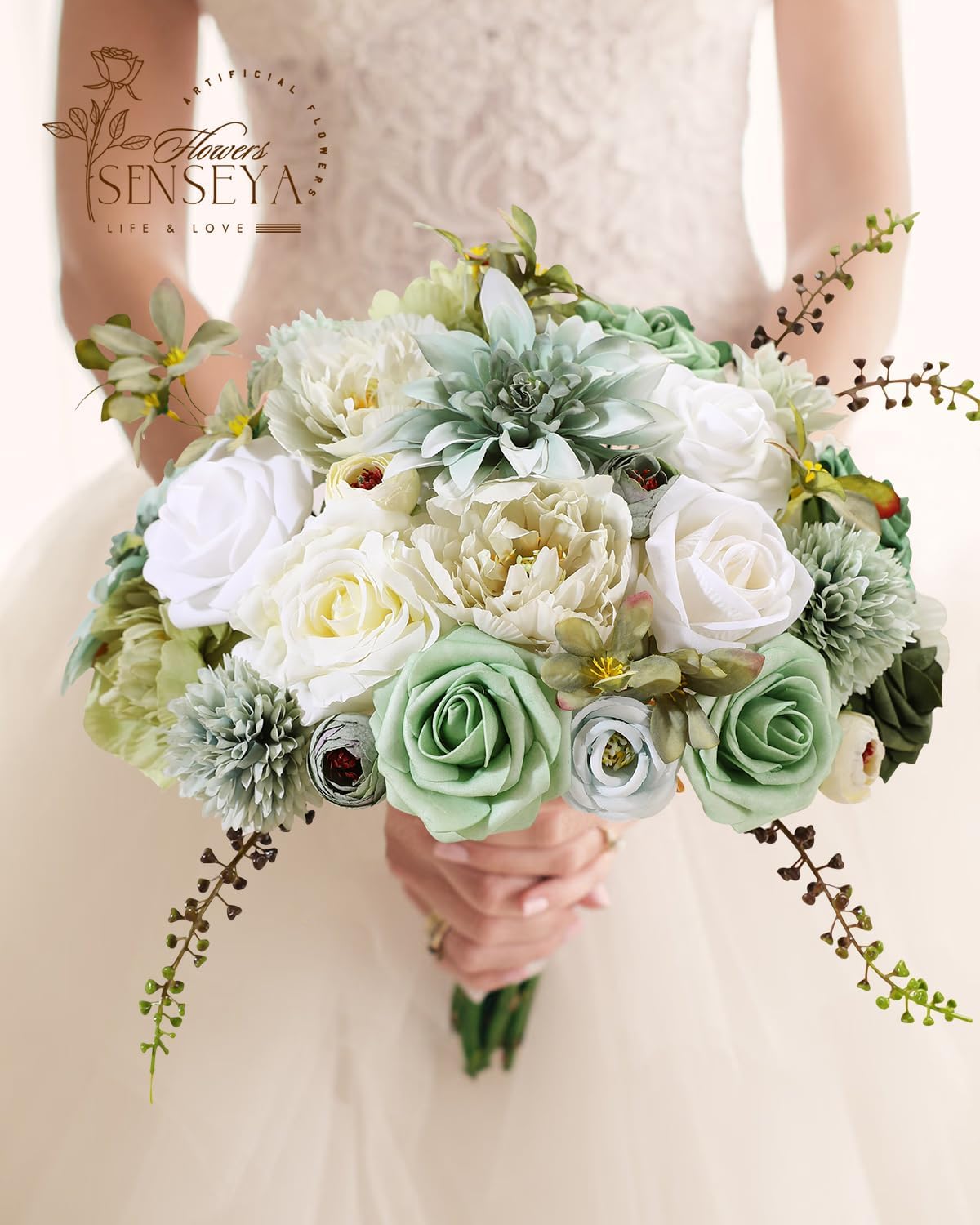 Senseya Artificial Flowers Combo Set, Green Silk Roses, Peonies, Dahlias with Stems for DIY Wedding Bouquets, Baby Shower, Table Centerpieces, Home Decor, Fake Floral Arrangements, Party Decorations - Image 6