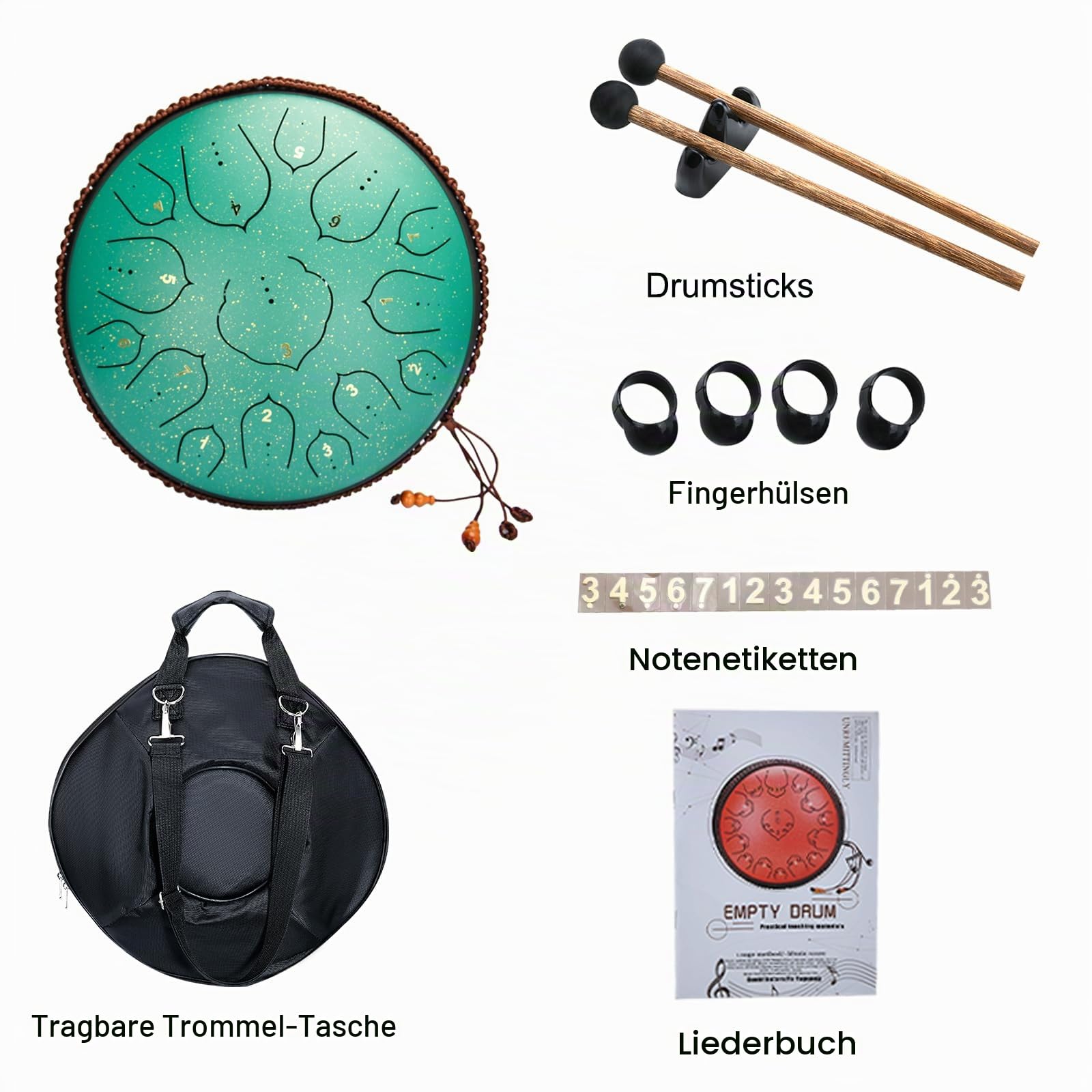 Zungentrommel - Steel Tongue Drum 14 Zoll 15 Noten Handpan Instrument Stahlzungentrommel Hand Pan Drum Atherische Trommel mit Tragetasche,Fingerpick und Schlägel für Meditation Yoga Klangheilung