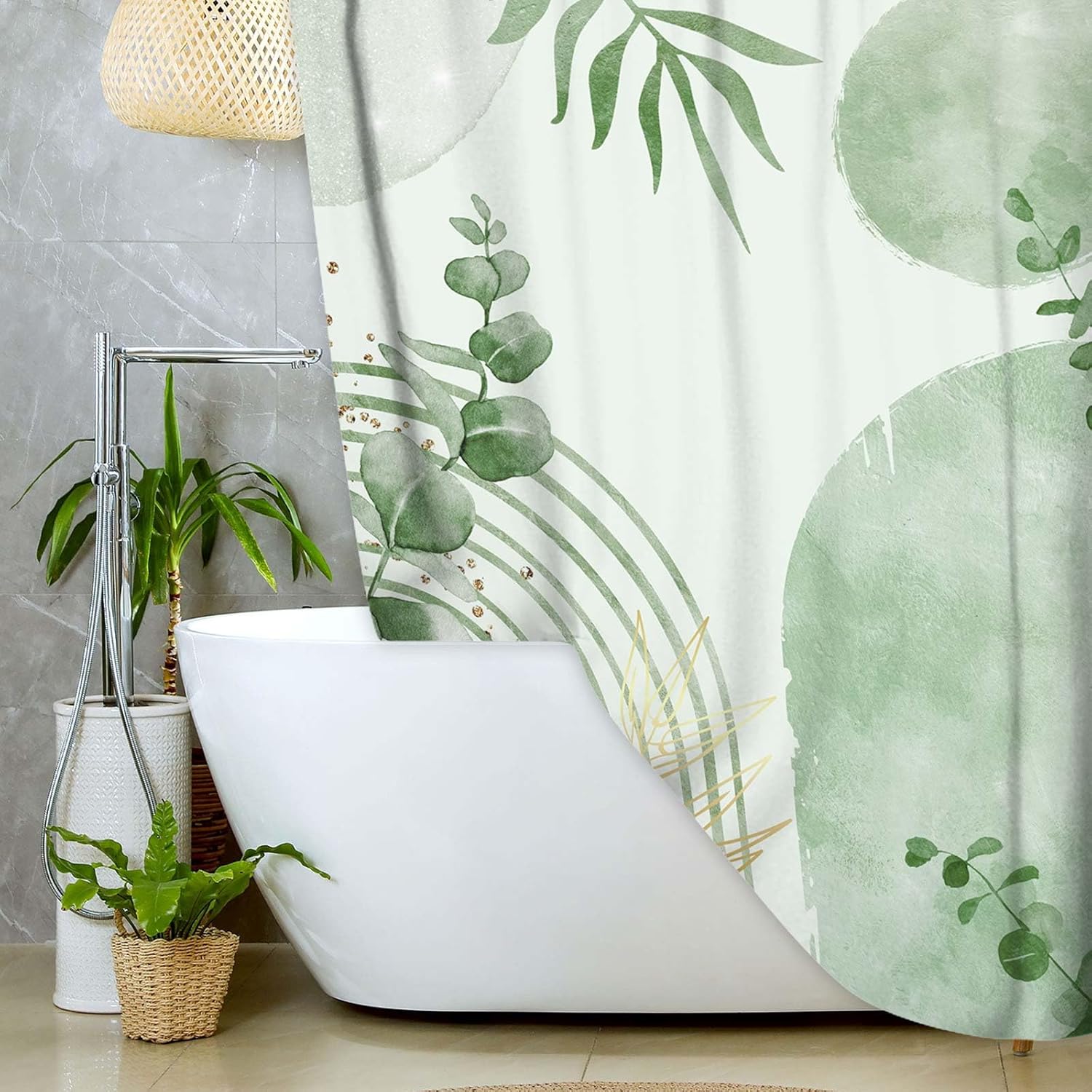 Sage Green Boho Shower Curtain, Abstract Bohemian Mid Century Modern Tropical Palm Leaves Shower Curtain Set, Gold Geometric Plant Minimalist Polyester Bathroom Decor Bath Curtains with Hooks,72X78