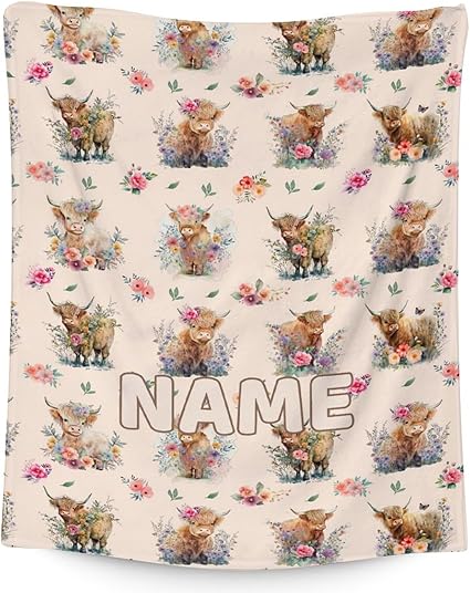 Mercuryelf Custom Highland Cow Throw Blanket - Soft, Fuzzy & Warm - 30x40 Inches Small Blankets for Lap, Crib - Beige Cute Throws Gift for Baby