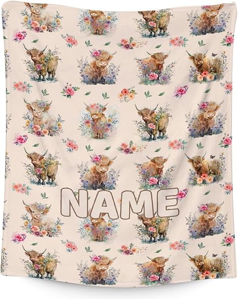 Mercuryelf Custom Highland Cow Throw Blanket - Soft, Fuzzy & Warm - 30x40 Inches Small Blankets for Lap, Crib - Beige Cute Throws Gift for Baby