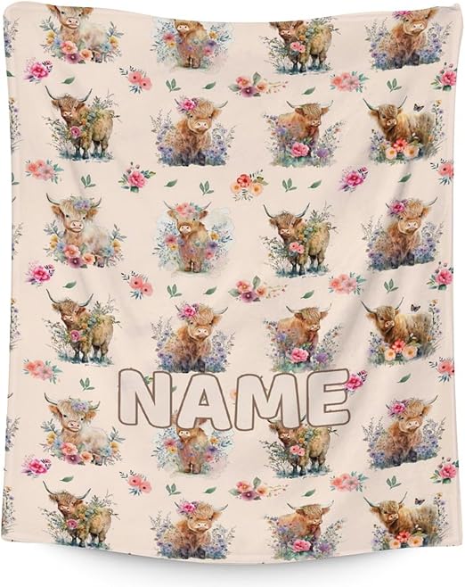 Mercuryelf Custom Highland Cow Throw Blanket - Soft, Fuzzy & Warm - 30x40 Inches Small Blankets for Lap, Crib - Beige Cute Throws Gift for Baby