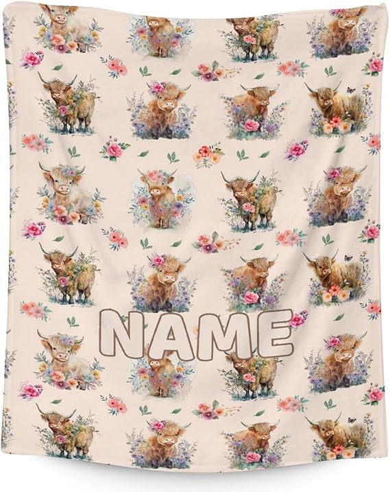 Mercuryelf Custom Highland Cow Throw Blanket - Soft, Fuzzy & Warm - 30x40 Inches Small Blankets for Lap, Crib - Beige Cute Throws Gift for Baby