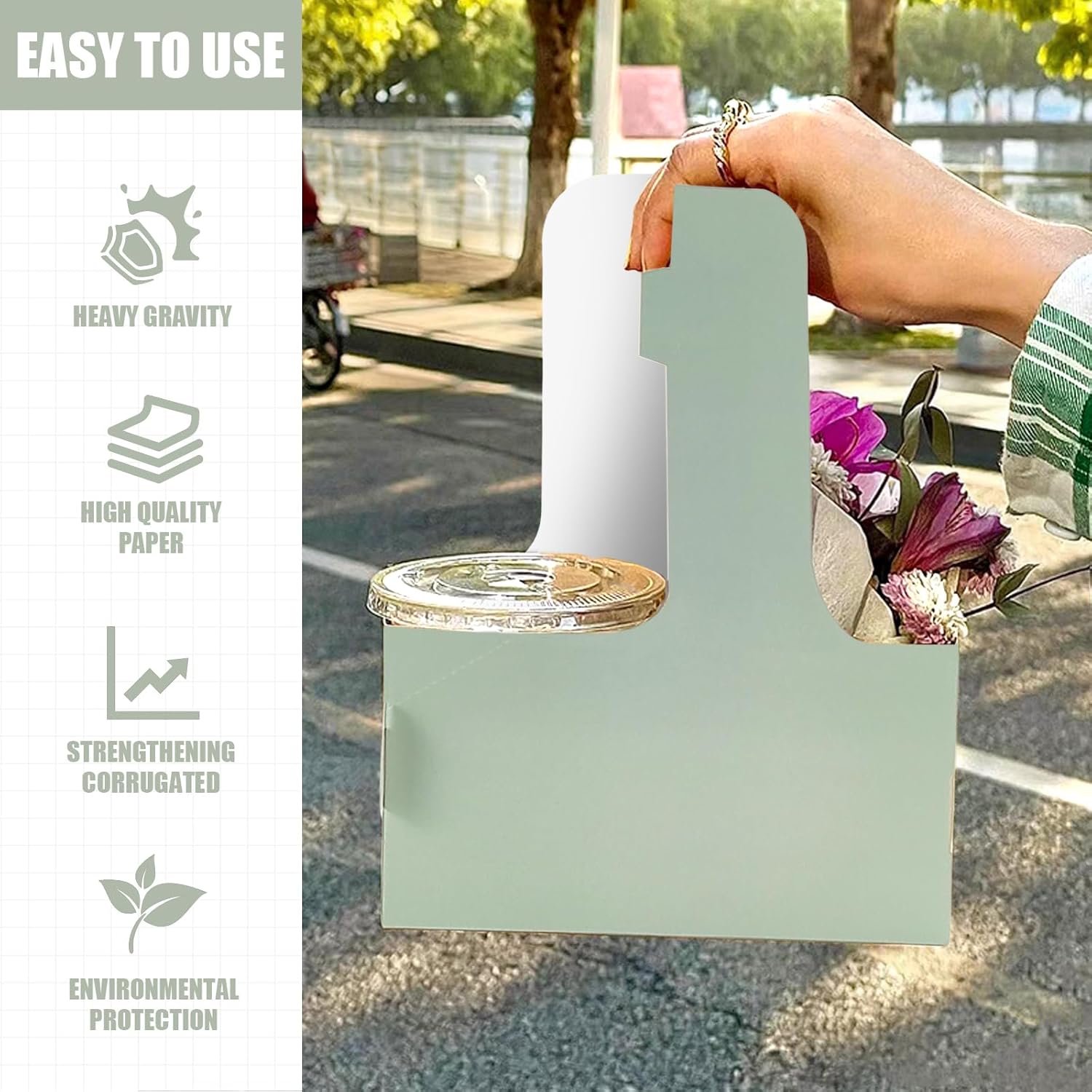 2 Cup Disposable Drink Carrier for Delivery with Handle,15 Count Green Paperboard Cup Holder,Cup Carriers for Hot or Cold Drinks,Coffee Carrier, Food Delivery,Take Out Cup Carriers (Green, 15 PCs) - Image 5
