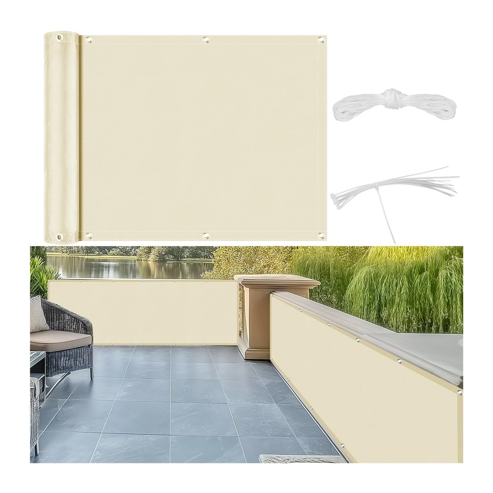 Nfeklfi Beige Balcony Privacy Screen Balcony Privacy Screen Fence Cover Uv Protection Water-Resistant Shield Shade Cloth For Deck Patio Backyard Garden Outdoor Pool(,90X300cm)