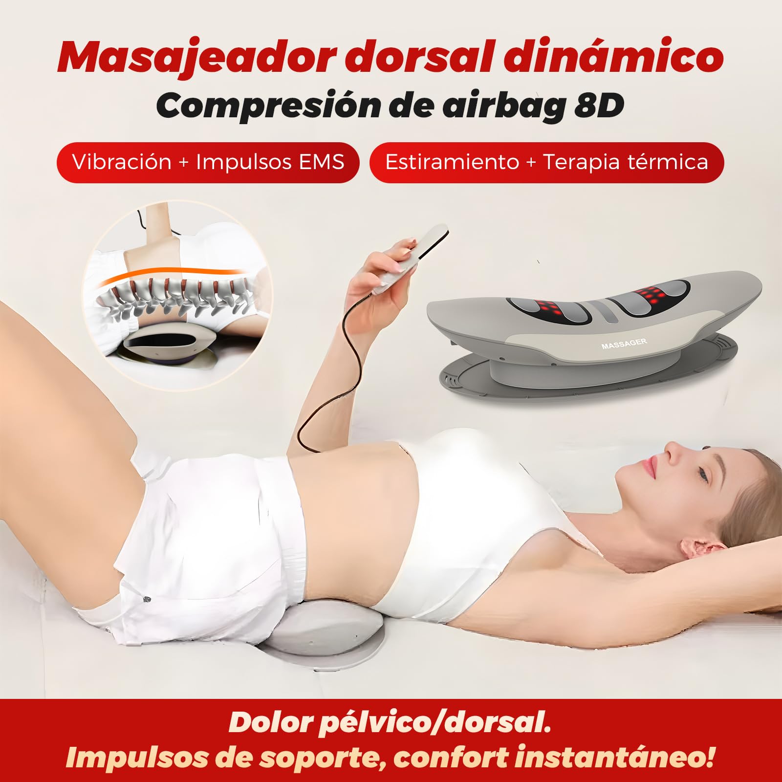 Masajeador de tracción lumbar con calor, vibración, función de curvatura, masajeador de espalda con calor y pulso EMS, masajeador lumbar con vibración, cojín de aire y mando a distancia