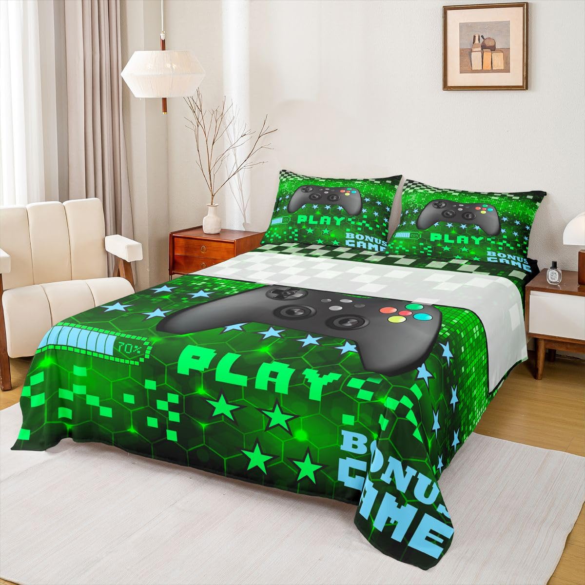 Video Game Controller Bed Sheet Set Queen 4-Piece - Neon Watercolor Print, 100% Microfiber