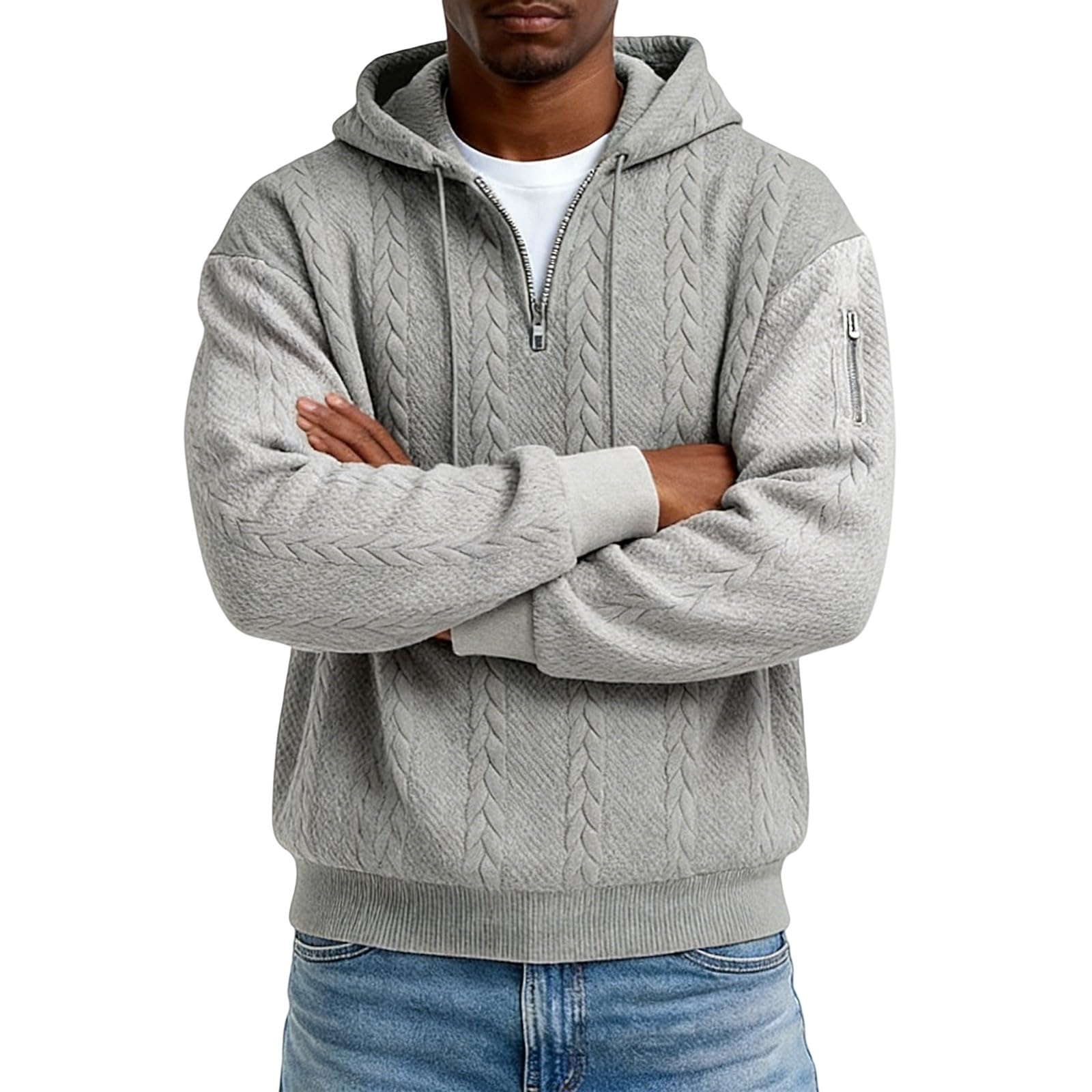 Chunotu - Felpa da uomo con cappuccio e cerniera a un quarto | Tinta unita Manica Lunga Coulisse Maglioni Con Tasche Texture Atletica Allenamento Caldo Maglione Abbigliamento