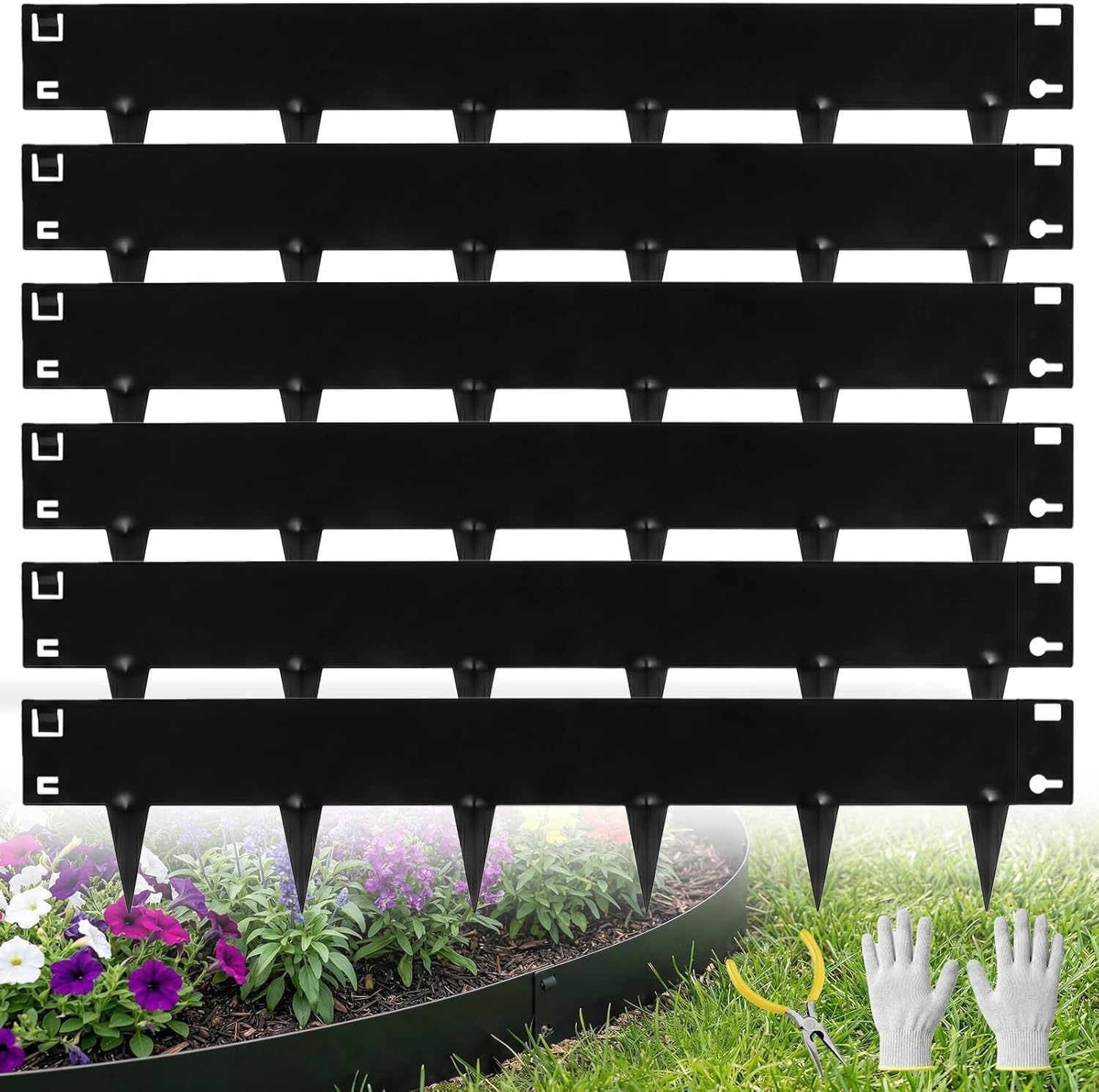 20FT Black Landscape Edging Galvanized Steel (6-Pack) 40" x 8" Flower Bed for Garden Borders with Gloves &Tools, Thickness 1.8mm Metal Edging for Garden Design, Yard, Tree Rings, Pathway