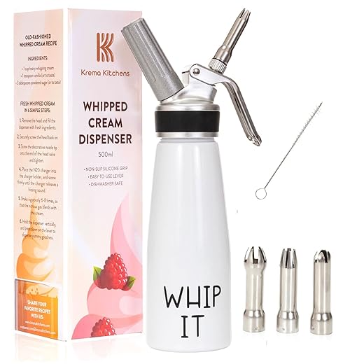 Whipped Cream Dispenser - Professional Whip Cream Maker - Whipping Siphon for Homemade Creams and Sauces - 500ml Canister and 3 Stainless Steel Decorative Piping Tips - (Charger not Included)
