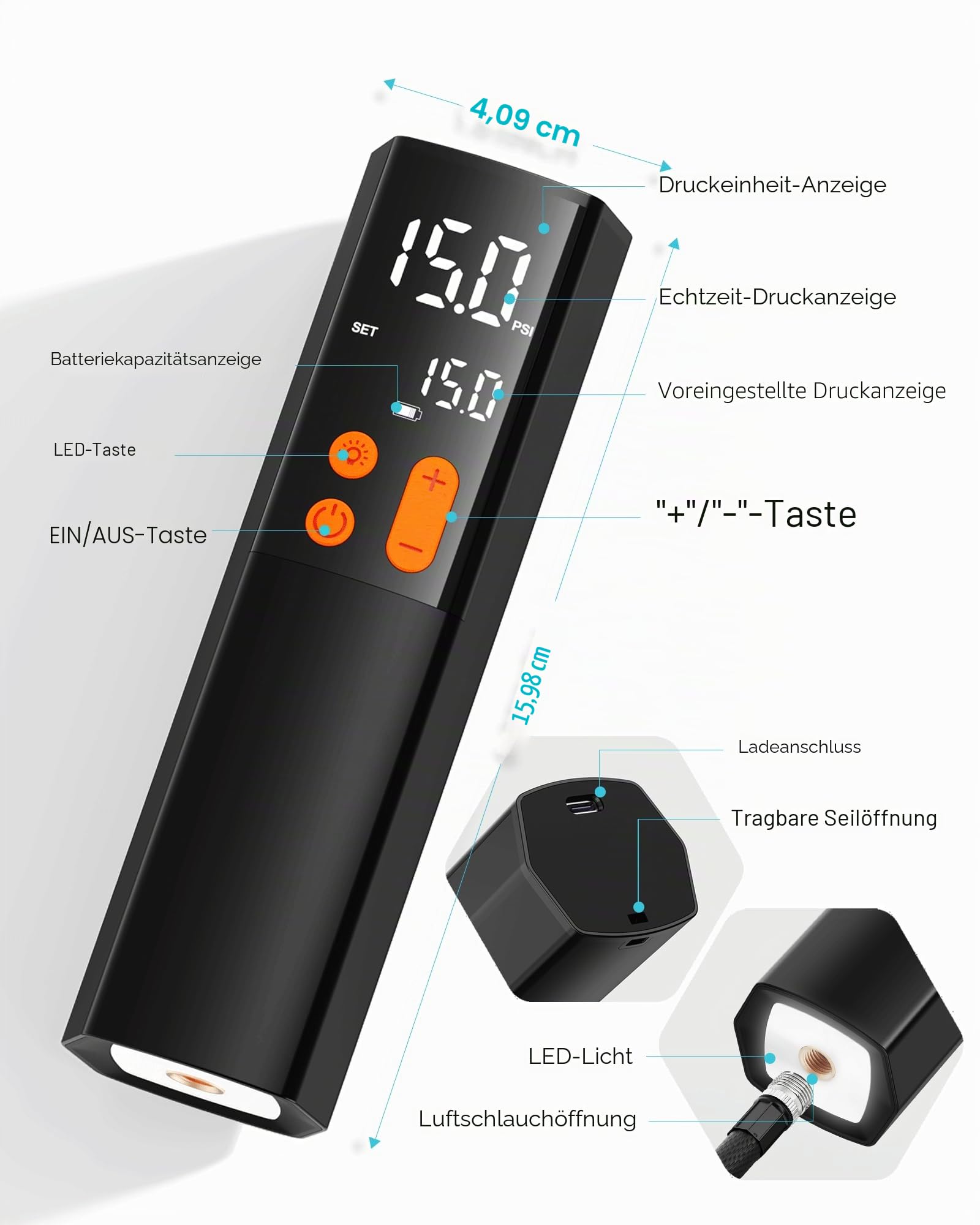 Elektrische Ballpumpe mit 4X Inflation & Deflation, 15Psi Luftpumpe mit 3 Nadeln, Manometer, Ballpumpe für Sportbälle, Basketballpumpe, Fußballpumpe