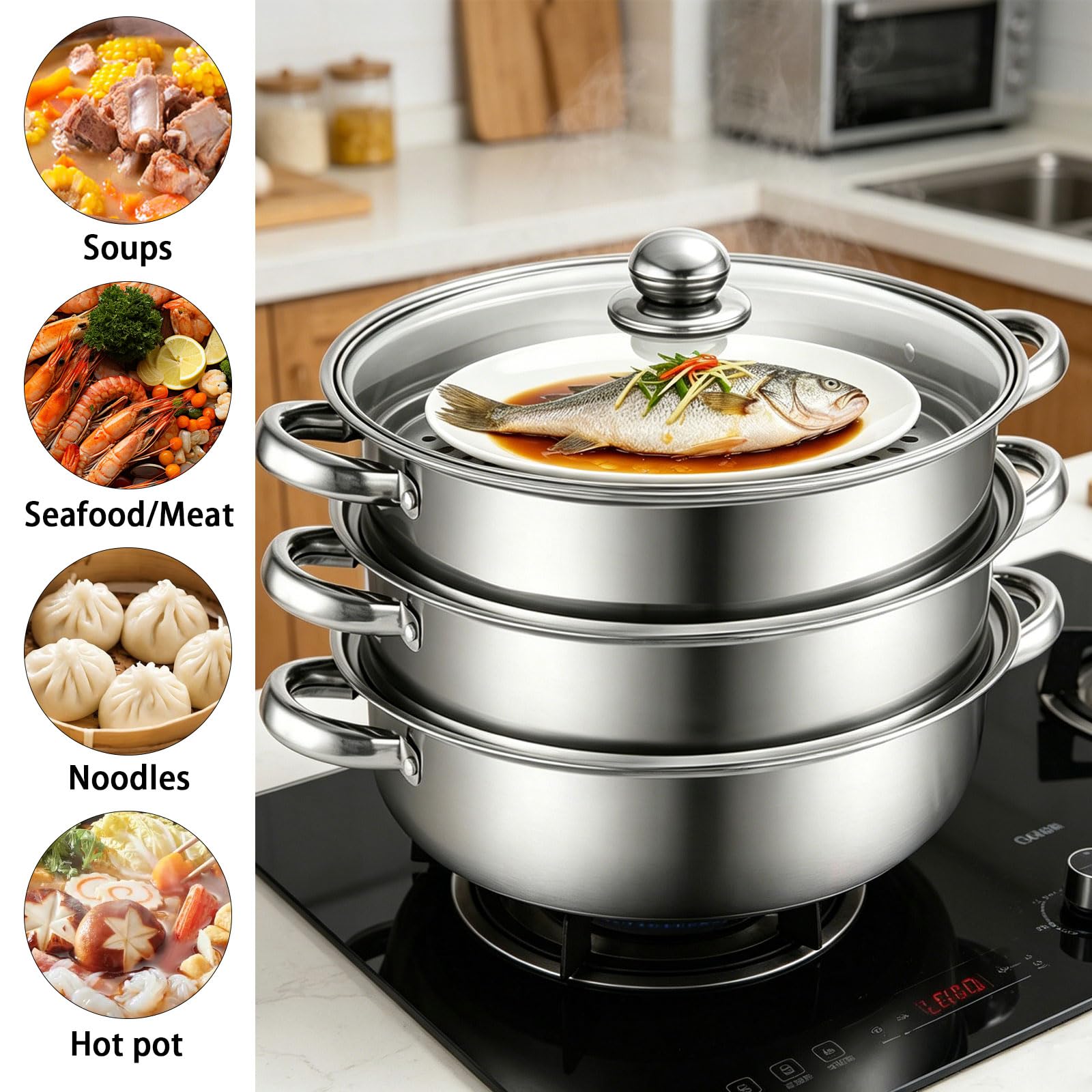 Pentola a Vapore In Acciaio Inox, 28 cm Vaporiera Pentola per Cucinare con Inserto a Vapore e Coperchio in Vetro, a Induzione a 3/4 Strati, per Zuppe, Pasta, Pesce (Tre)