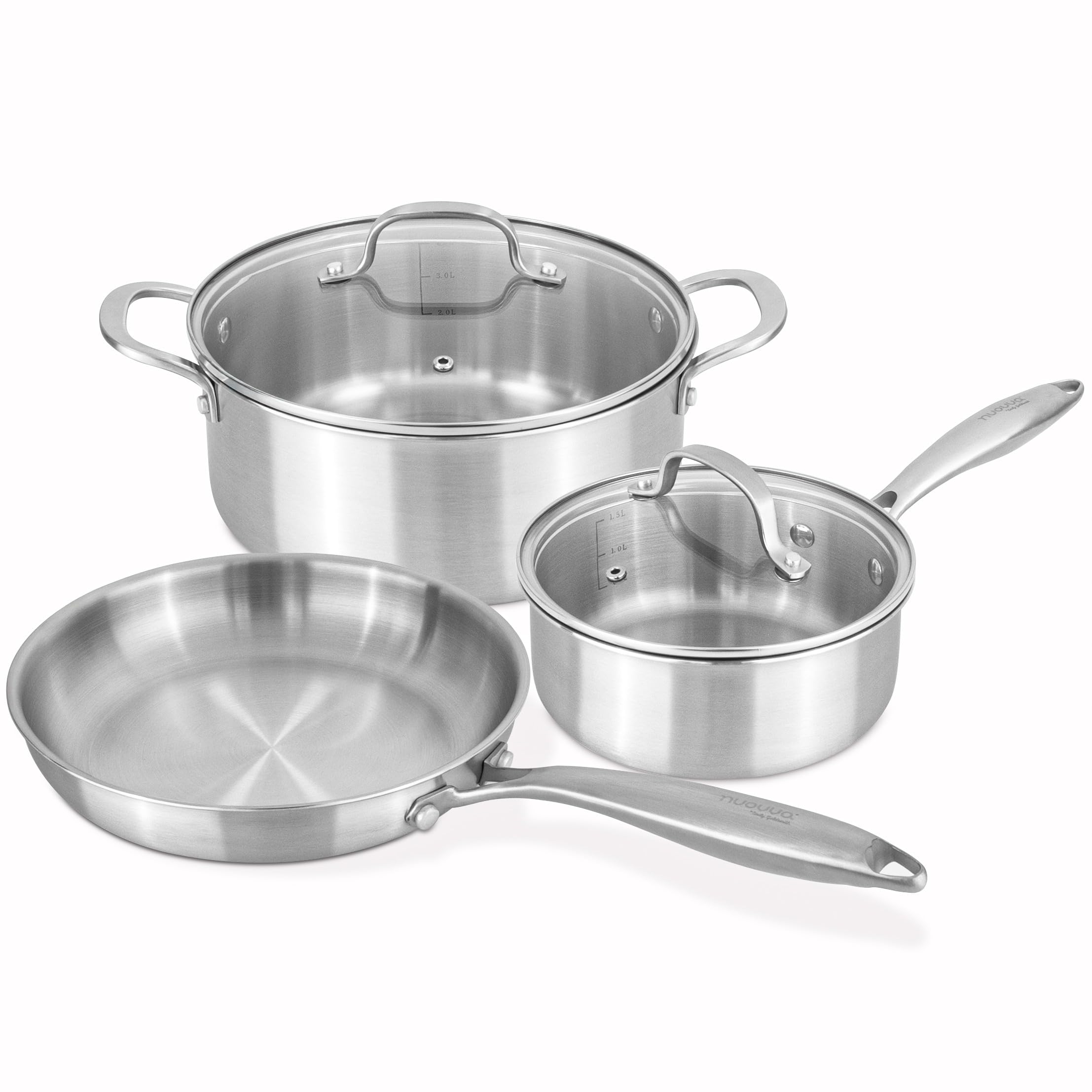 5pcs Stainless Steel Cookware Set β Induction Hob Pots and Pans Non Stick β 24cm Casserole with lid, 18cm Saucepan with Lid & 24cm Frying pan β by Nuovva