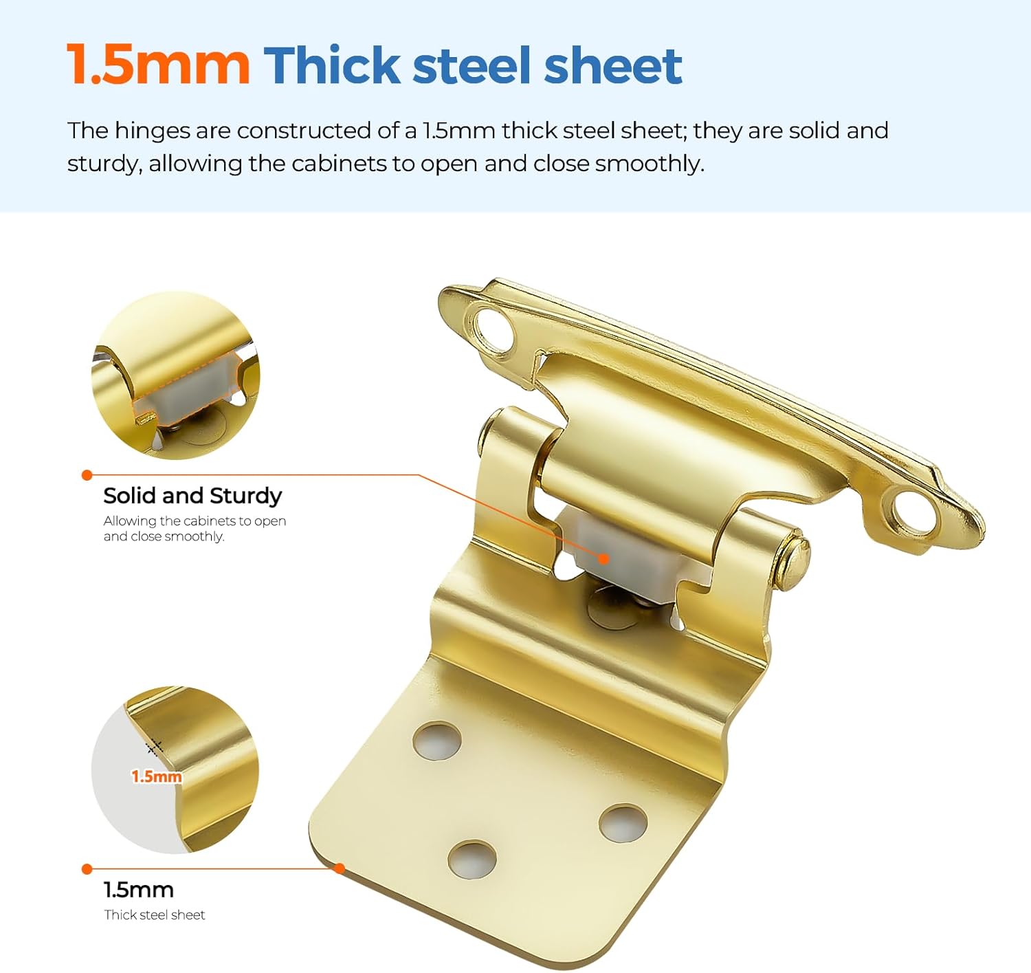 JOYDECOR 60 Pack 30 Pairs 3/8 Inch Overlay Gold Cabinet Hinges Semi-Concealed Face Mount Hinges for Cupboards Self-Closing Decorative Door Hardware