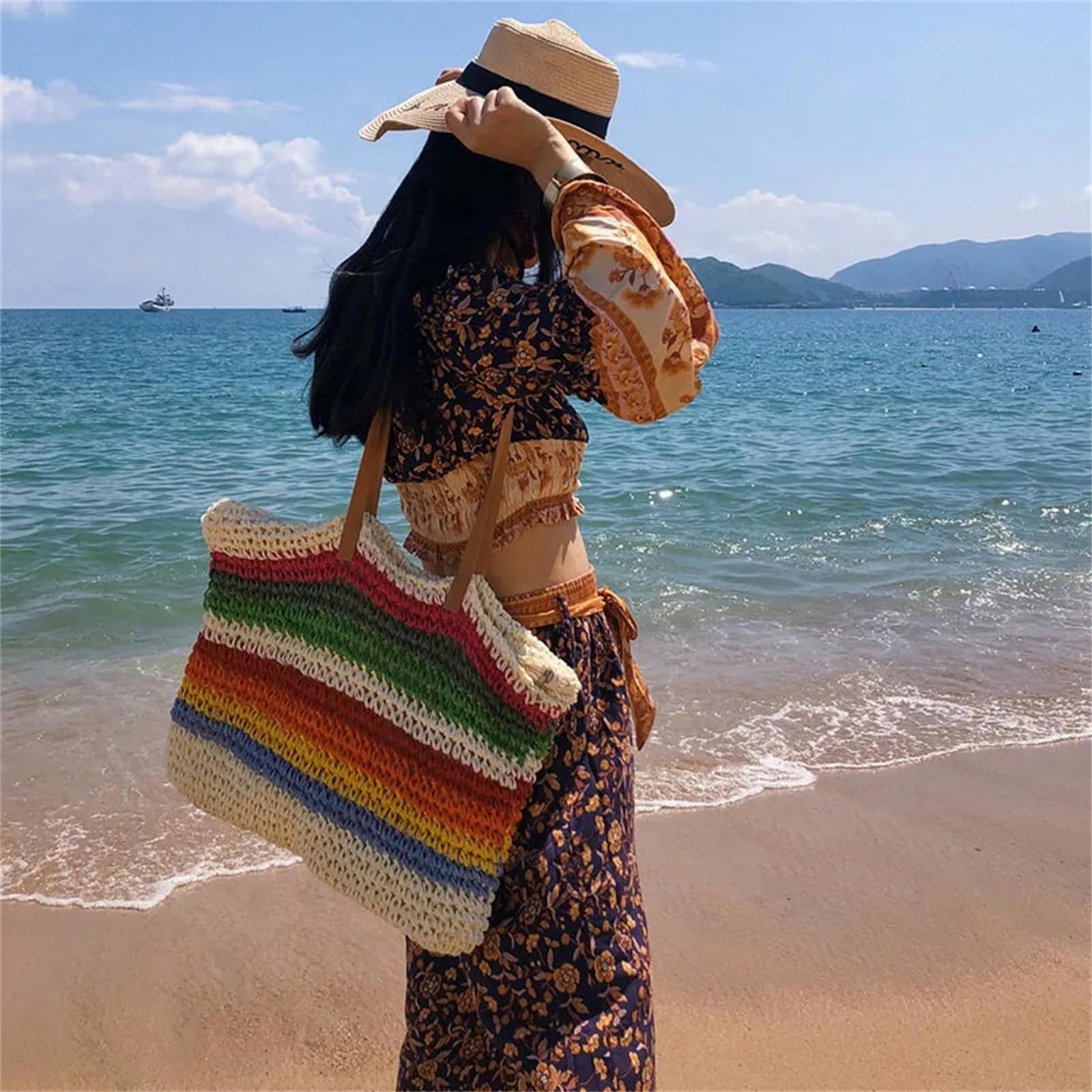 Borsa A Tracolla Borsa Color Arcobaleno Borse da Spiaggia Rattan Intrecciata A Mano Intrecciata A Mano in Grande capacità di Grande Capacità-beige-39 * 37 * 4