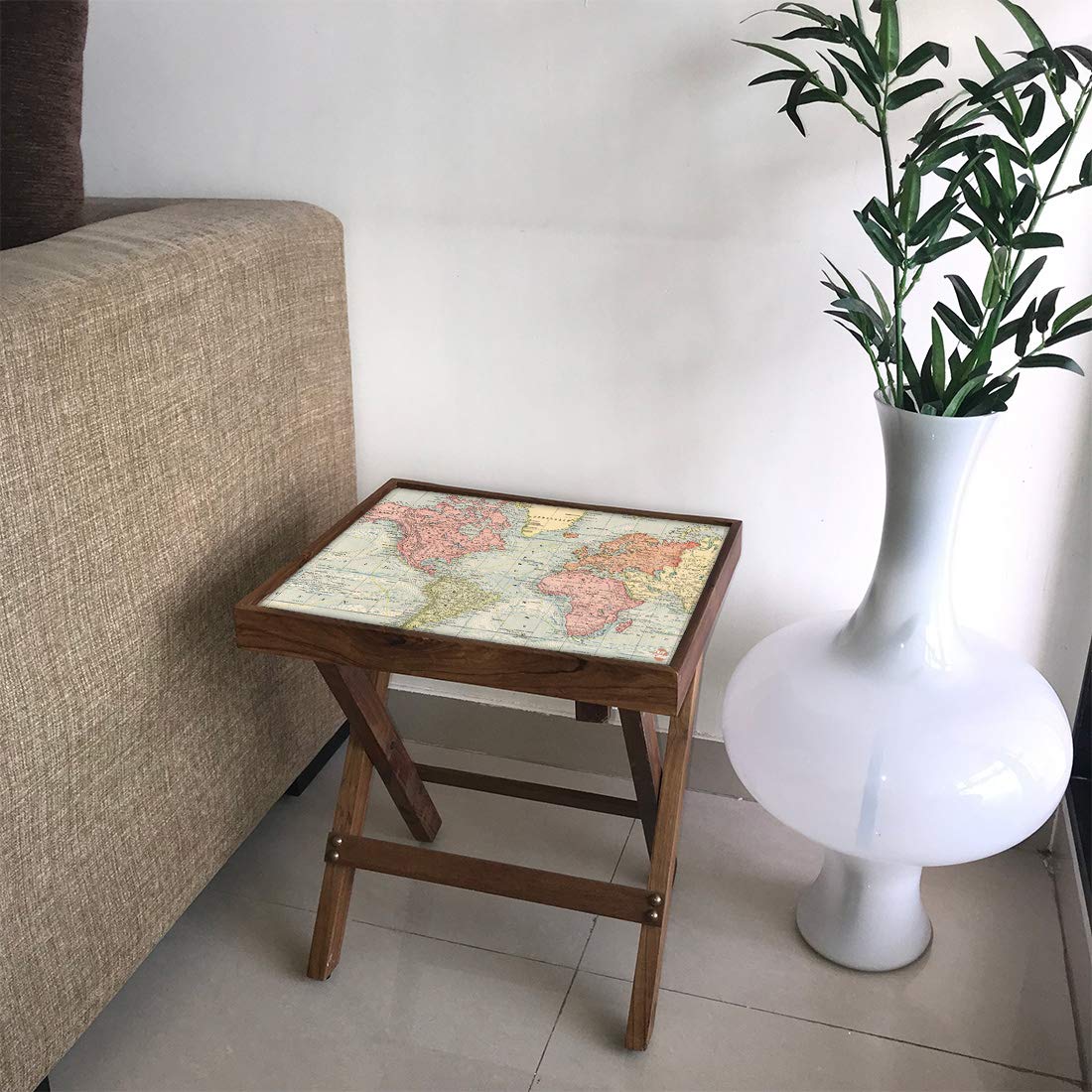 Nutcase Designer Teak Wood Side Table Folding Wooden Bedside Coffee Outdoor Picnic Table - Vintage Designer Map-image-32