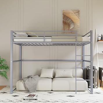 Metal Loft Bed Twin Size, Loft Bed Frame with Safety Guard Rails & Flat Ladder, Twin Loft Bed for Kids Teens Adults, Black Gray