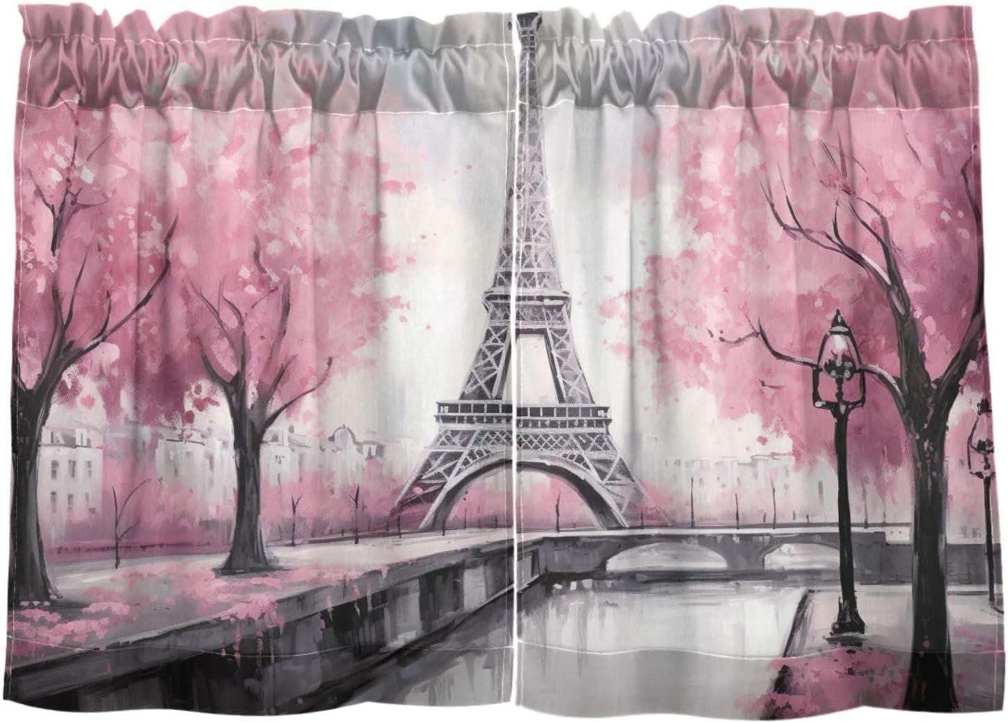 Eiffel Tower Pink Cherry Blossom Kitchen Curtains 36 Inch Short Tier Curtains for Small Windows Half Window Treatments for Bathroom Bedroom Kitchen 2 Panels