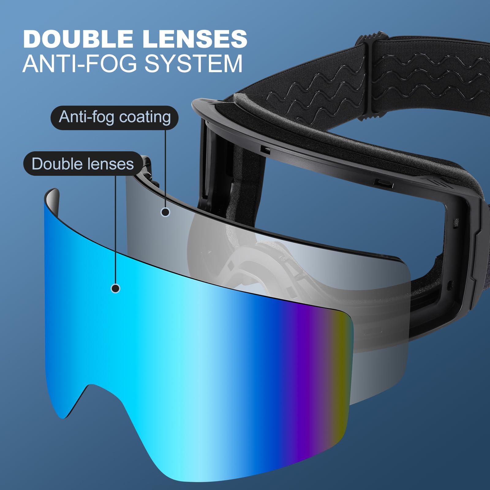 Odoland Kit de Gafas Esquí con Caja, Gafas Snowboard Cilíndricas con Vista Amplia, Antivaho y Protección UV, Mascara Esquí para Hombres Mujeres y Adolescentes, Compatible con Cascos