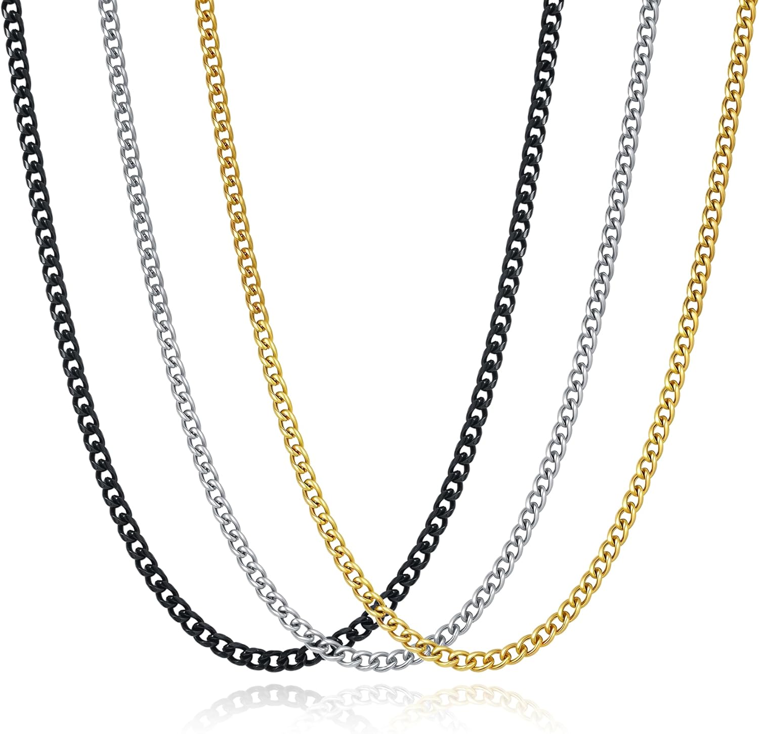 3 Pcs Cuban Link Chain Necklace for men, 4mm Stainless Steel Silver Black and 18K Gold Plated Chains Necklace men Women, 18 Inches