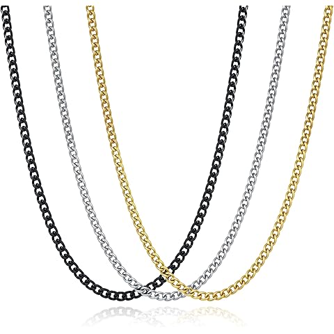 3 Pcs Cuban Link Chain Necklace for men, 4mm Stainless Steel Silver Black and 18K G...