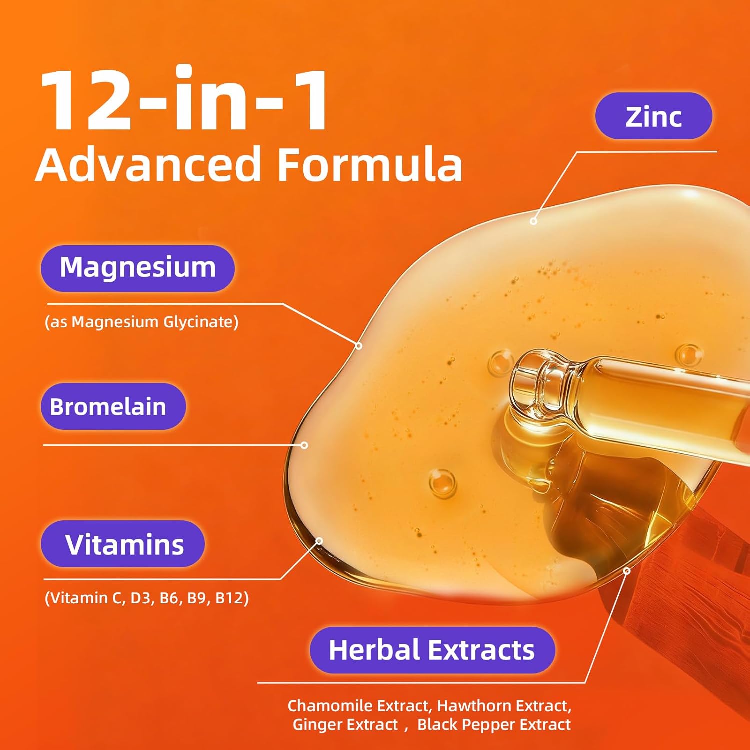 M inch Magnesium Glycinate Liquid, High Absorption Magnesium Liquid Drops with Chamomile, Hawthorn, Ginger Extract & Vitamin B6, B9, B12, C, D3, Magnesium Supplement, Strawberry Flavor, 2 Pack