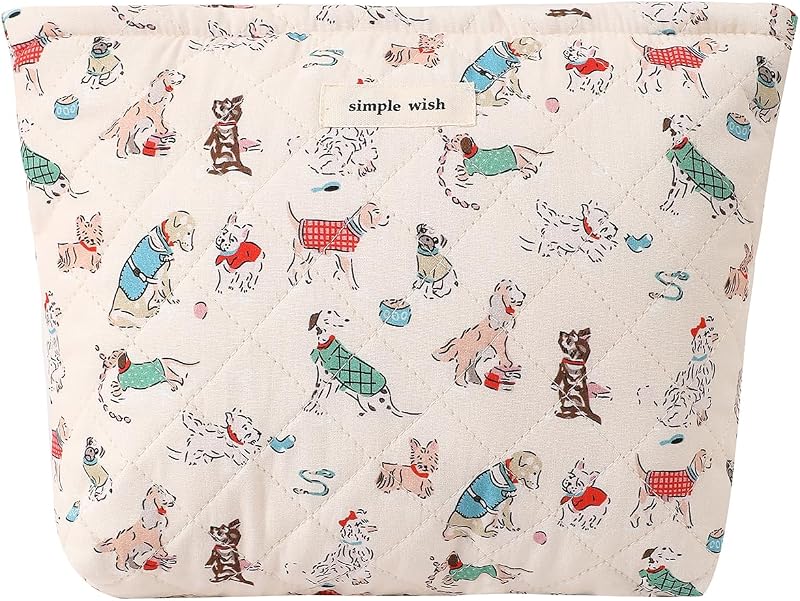 Bolsa de maquillaje de algodón acolchado Bolsa de cosméticos de animales lindos (01Perro) | Bolsa de maquillaje estética, bolsa de aseo de viaje de gran capacidad para mujeres y niñas