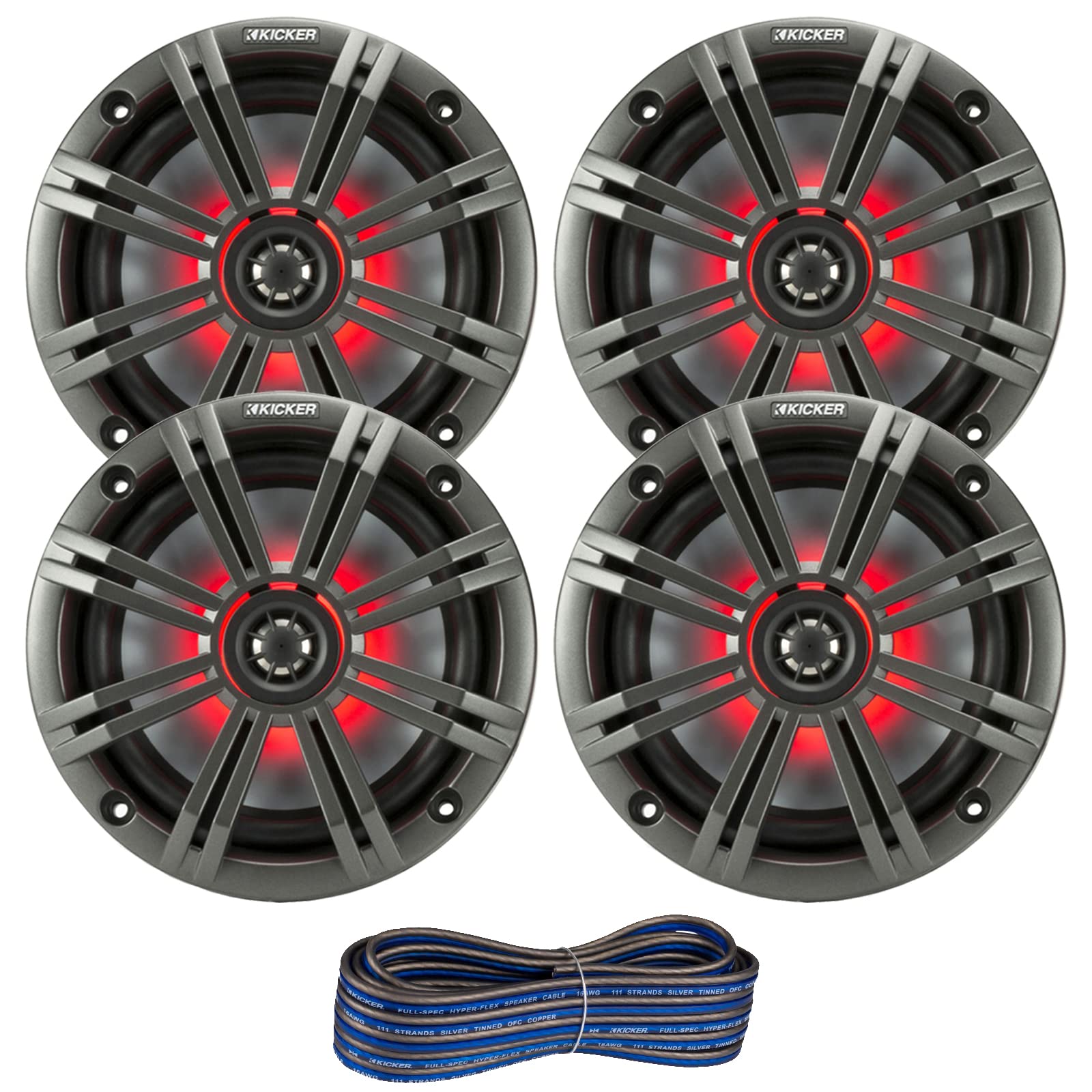 2 Pair (QTY 4) of Kicker 6.5" 2-Way 195 Watts Max Power Coaxial Marine Audio MultiColor LED Speakers with Charcoal Grilles, 20-Feet 16-Gauge Speaker