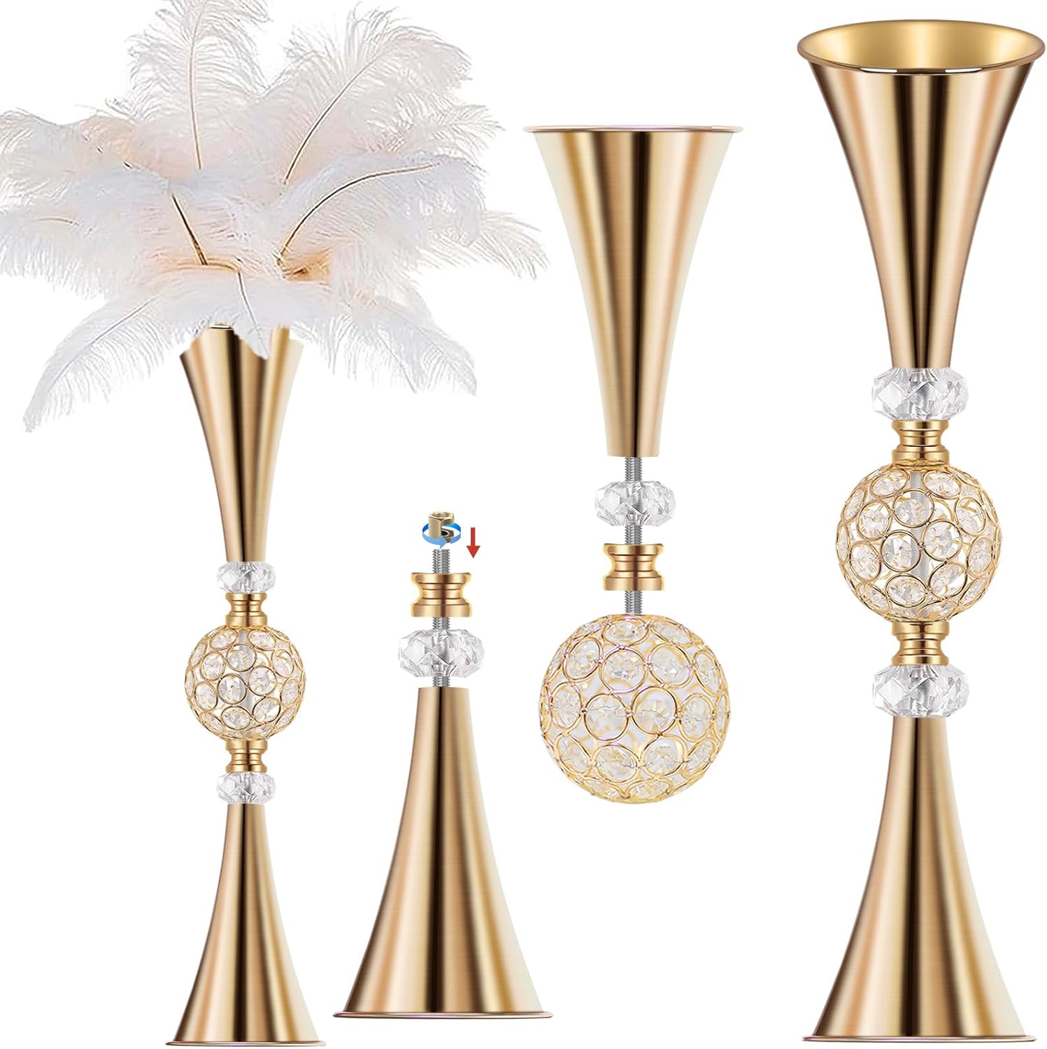 VIJIV Gold Crystal Flower Vases for Centerpieces Tables – Tall Trumpet Vase for Bouquet Decorative, Dining Table Décor Flower Stand with Ribbed Texture for Events, Bridal Showers & Boho Weddings