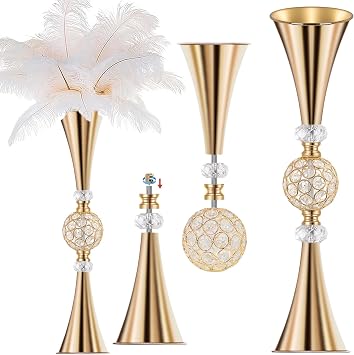 VIJIV Gold Tall Crystal Flower Vases for Centerpiece - 28 Large Trumpet Vase for Bouquet Skinny Decorative, Table/Floor Vase Flower Stand for Party Event, Dining Table Decor, Bridal Shower, Wedding