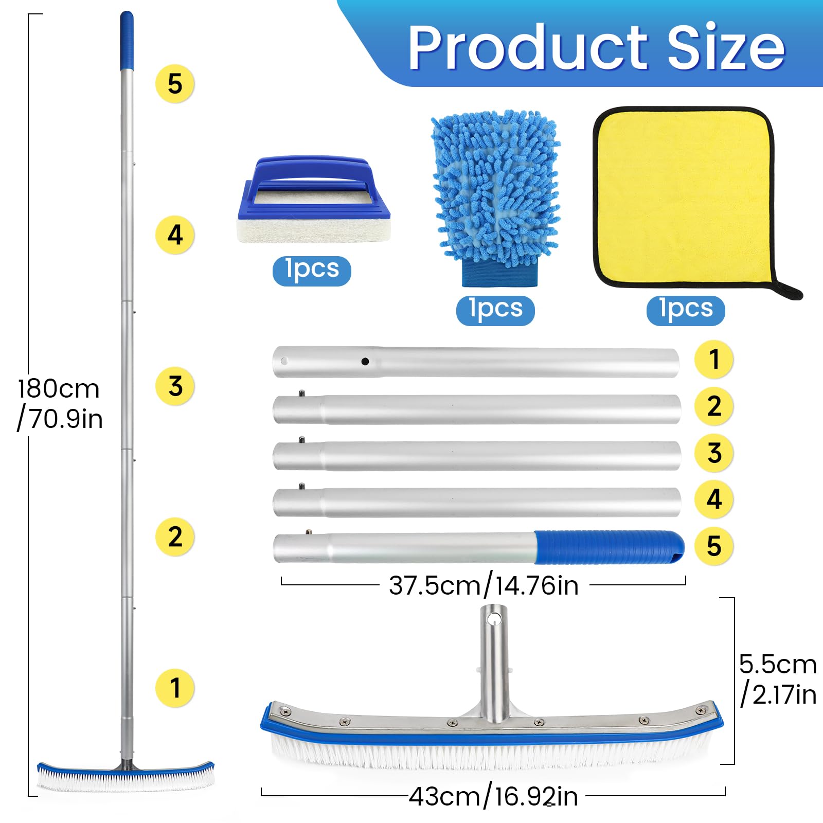 Poolbürste Mit Teleskopierbarer Stange – 160cm Reinigungsset Für Pool, Whirlpool & Mehr – Inkl. Waschhandschuh