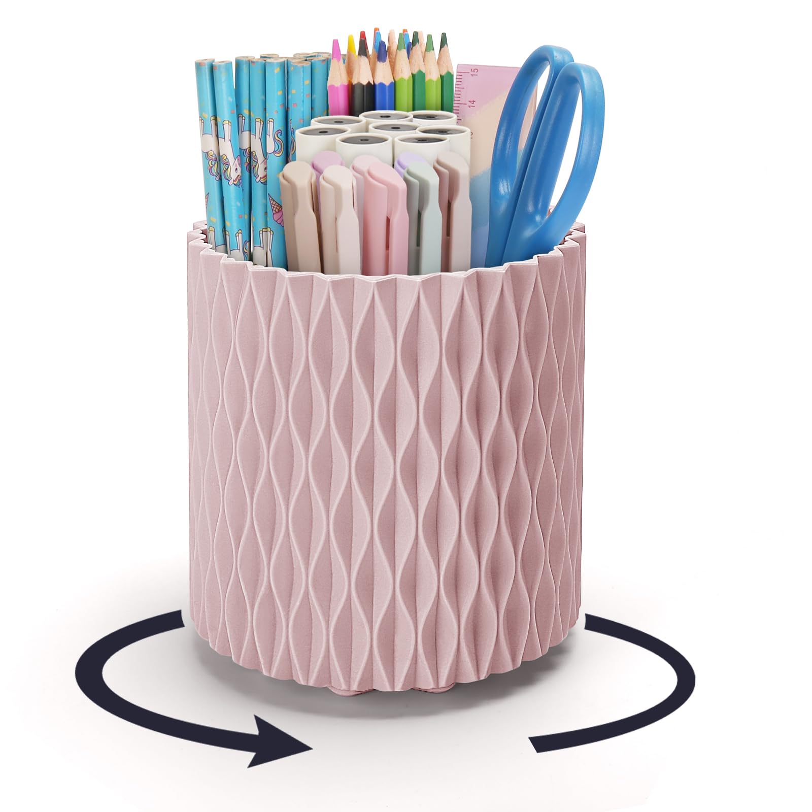 minimaliving Desk Organiser,Stylish Rhombus Pen Holder for Desk 360°Rotating Office Desk Accessories,Pencil Pot with 5 Compartments Storage Box Caddy for Office,School,Home,Art Supply(Dark Pink)