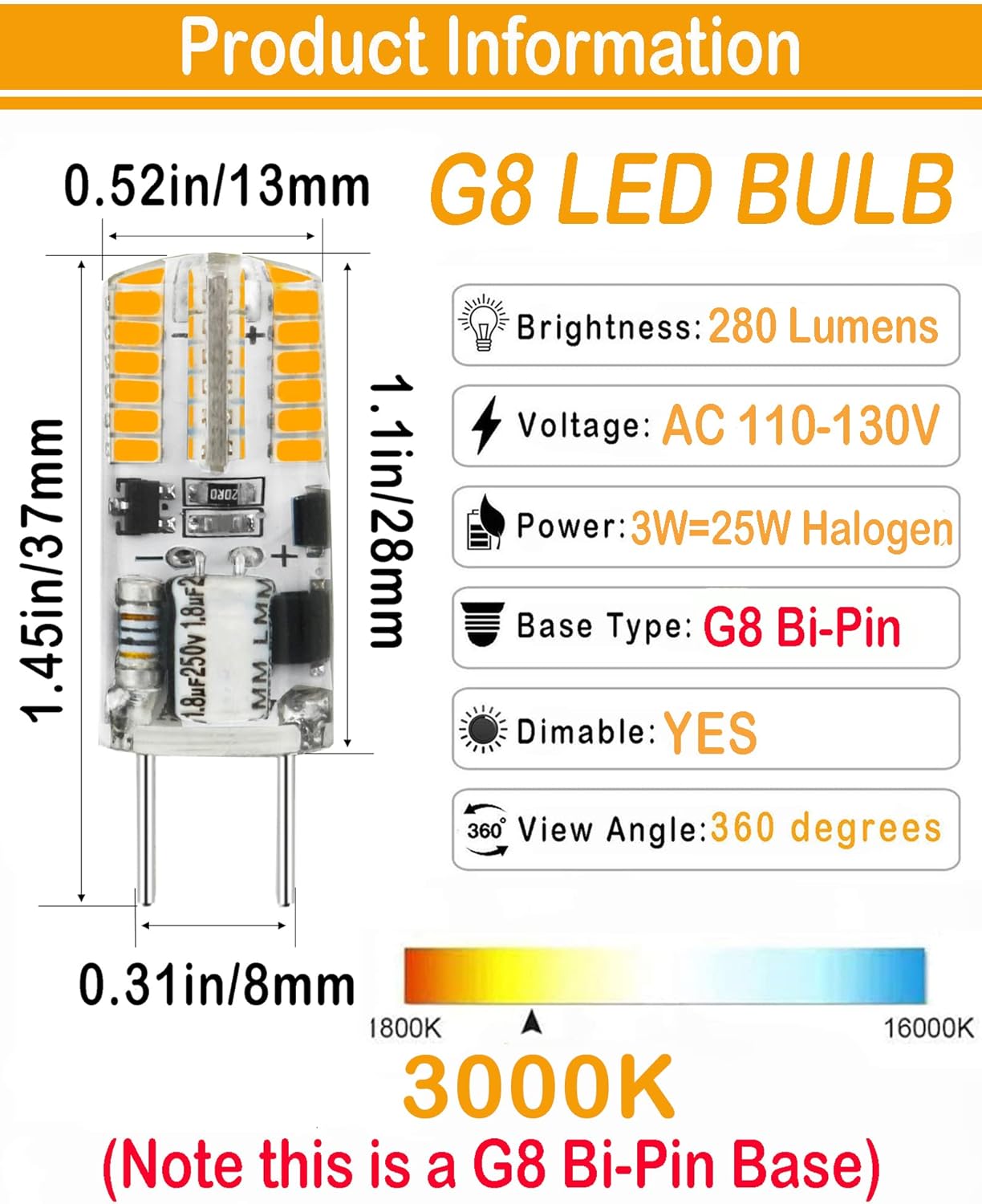 G8 LED Bulb Dimmable 3W,G8 Halogen Bulb 20W-25W Equivalent,3000K Warm White AC 120V T4 JCD Type G8 Bi-Pin Base Light Bulb for Under Cabinet,Under Counter Light(10 Pack)