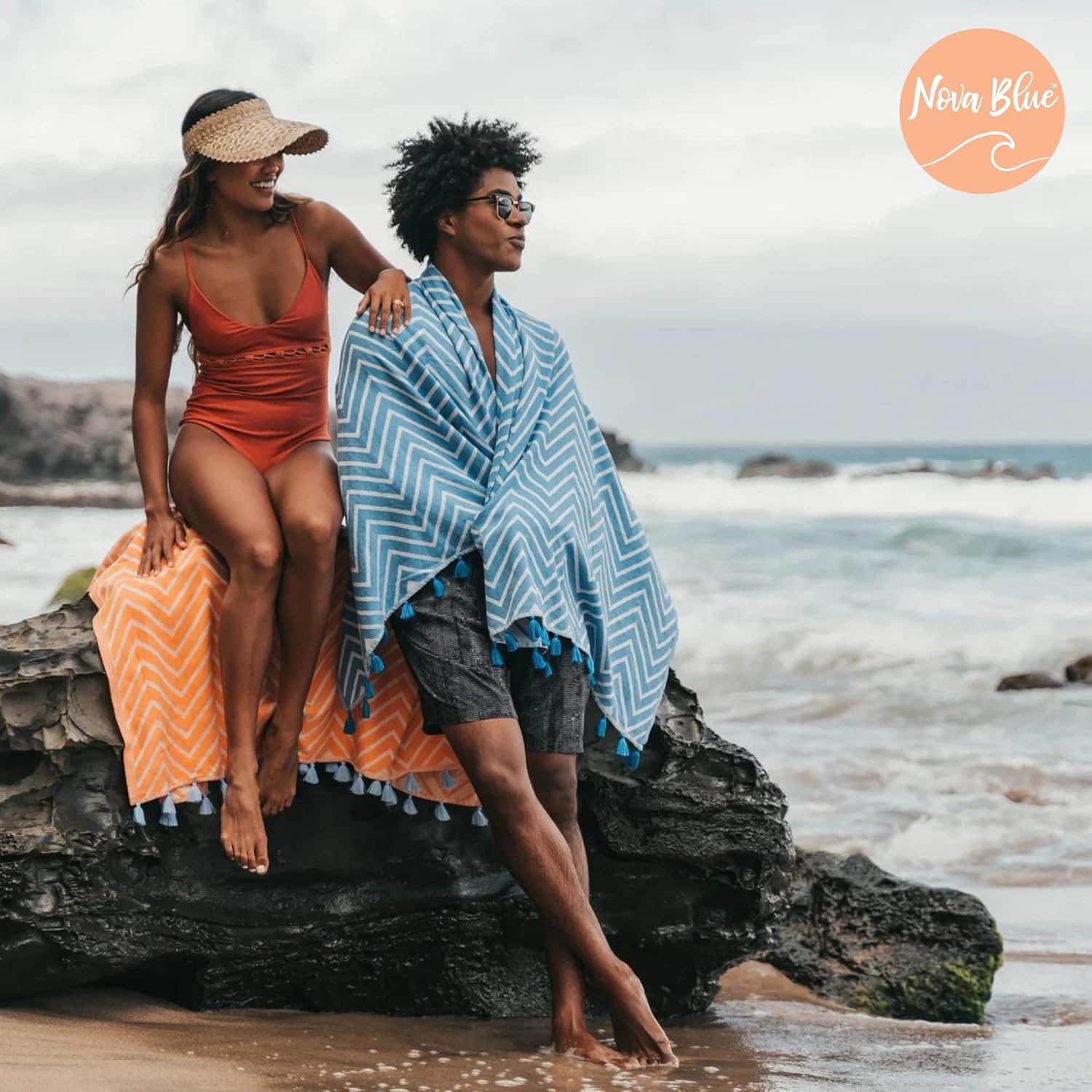 Nova Blue Turkish Beach Towel (37 x 69) – Blue Zigzag Beach Towel, 100% Turkish Cotton - Travel Towel & Blanket with Unique Patterns - Absorbent, Sand Free Beach Towel