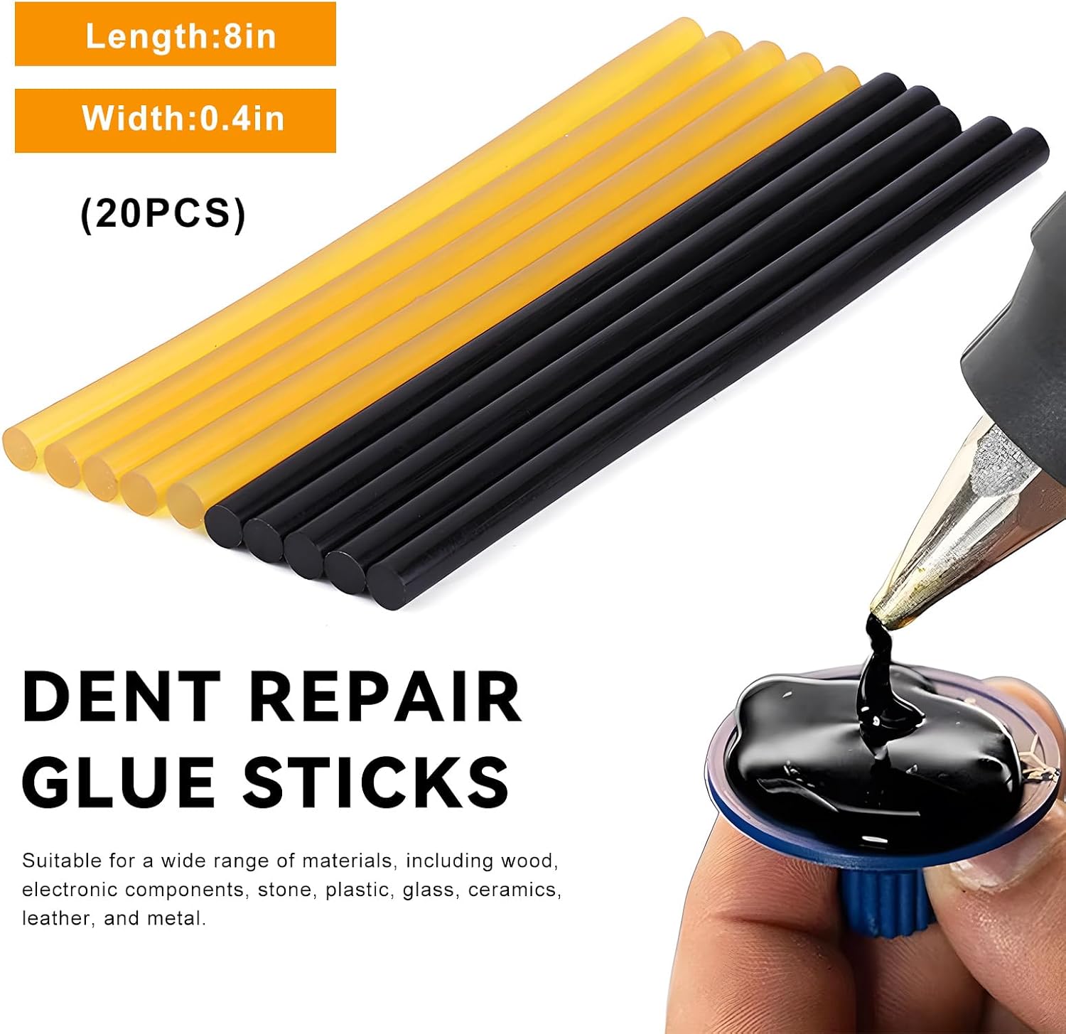 20 PCS Dent Repair Glue Sticks, 0.4" Dia×8" Long Strong Viscosity Glue Sticks PDR Tool, Paintless Hot Melt Dent Removal Gluing Stick for Car Body Repair, Car Accessories (Black)